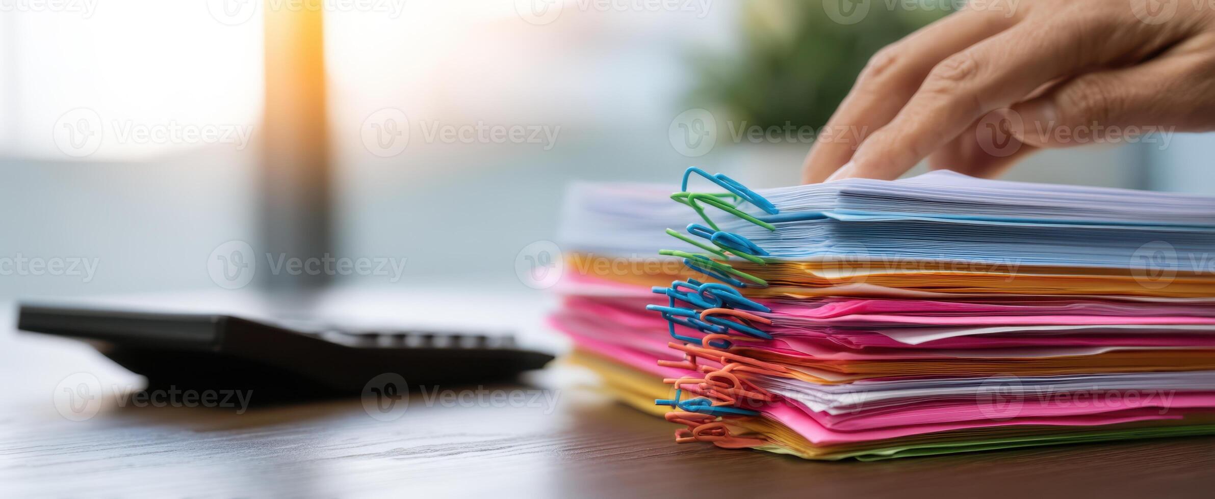 The organized stack of colorful paperwork and office supplies on a desk photo