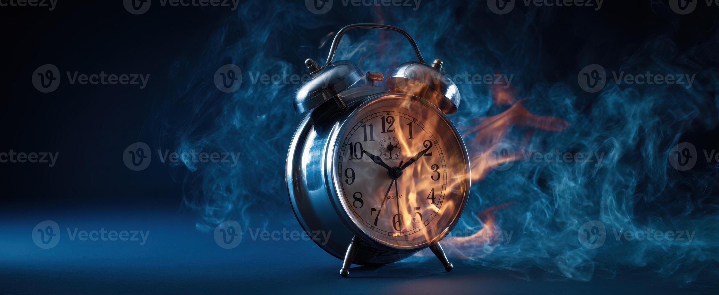 The alarm clock engulfed in flames with swirling smoke and dramatic lighting photo