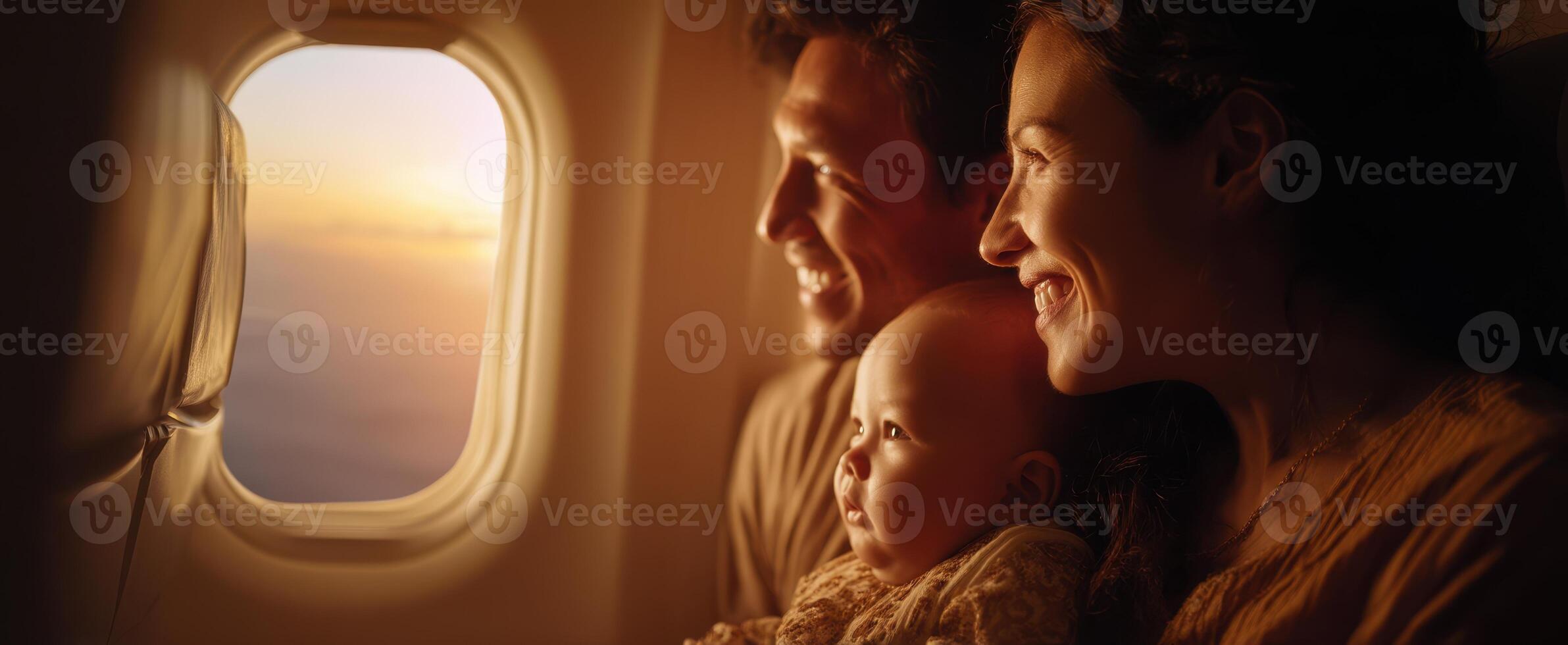 The joyful family enjoying a serene sunset view from an airplane window. photo