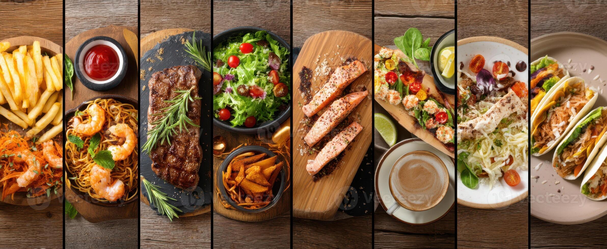 The vibrant assortment of delicious dishes on a rustic wooden table. photo