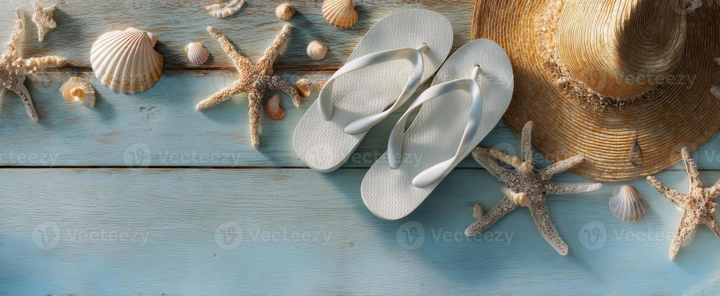 The beach scene with flip-flops and seashells on a wooden table. photo