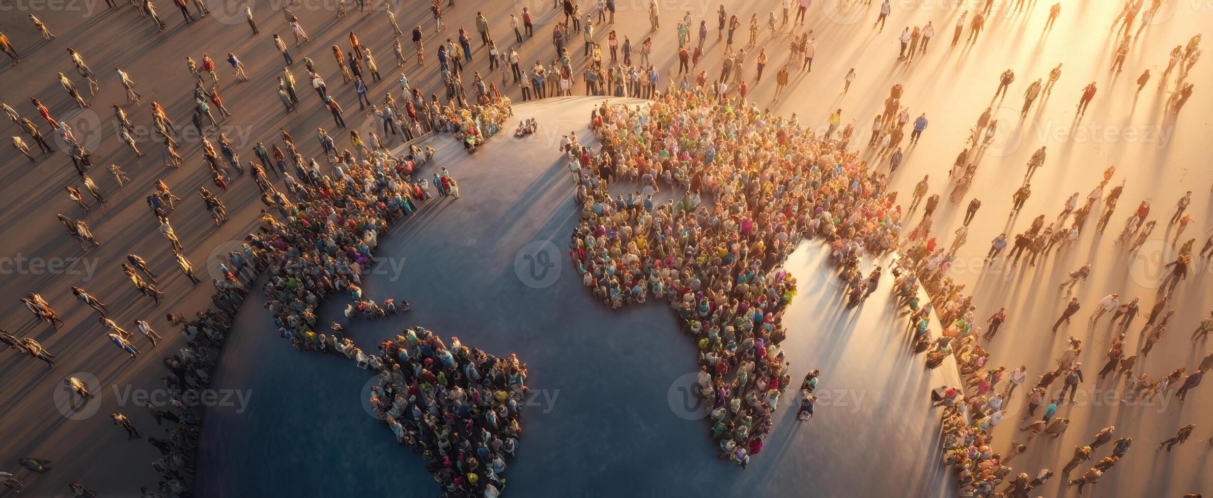 The globe surrounded by a diverse crowd celebrating togetherness and unity. photo