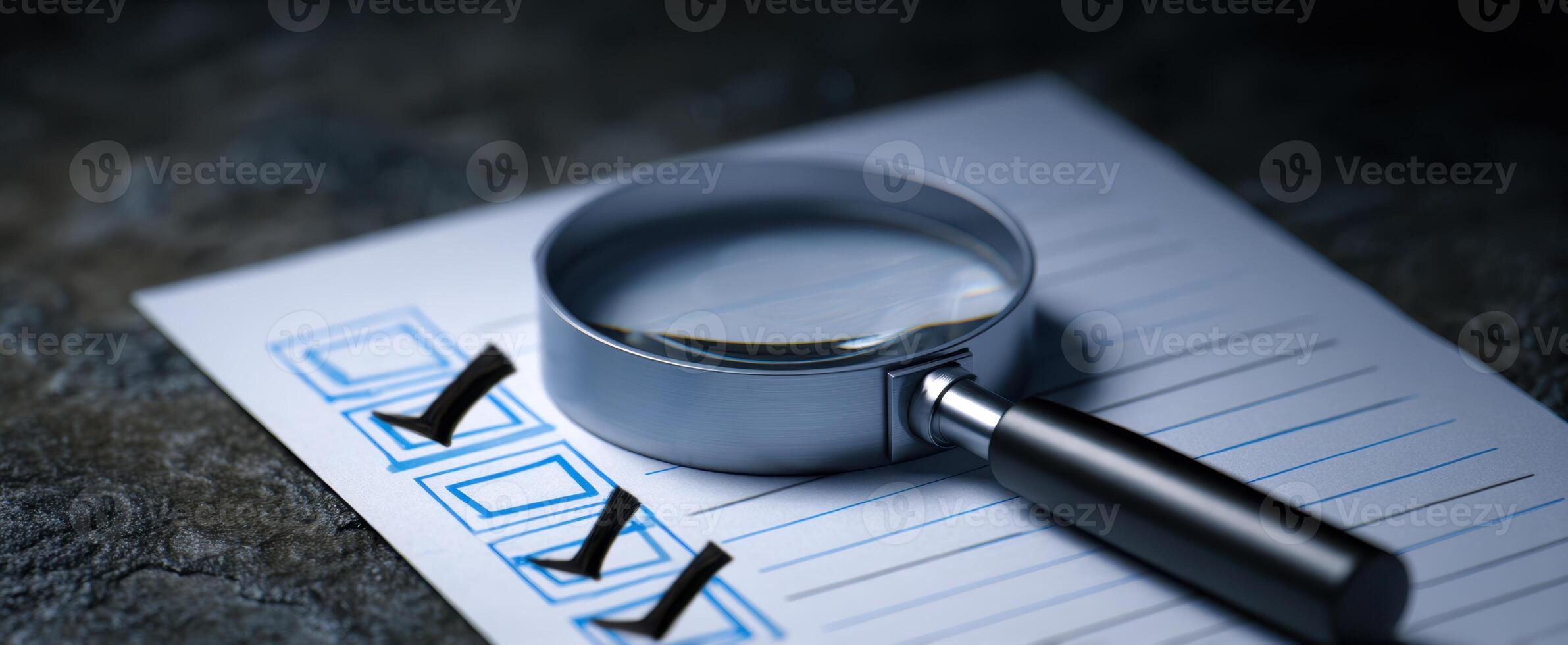 The magnifying glass over a checklist for detailed inspection and evaluation. photo