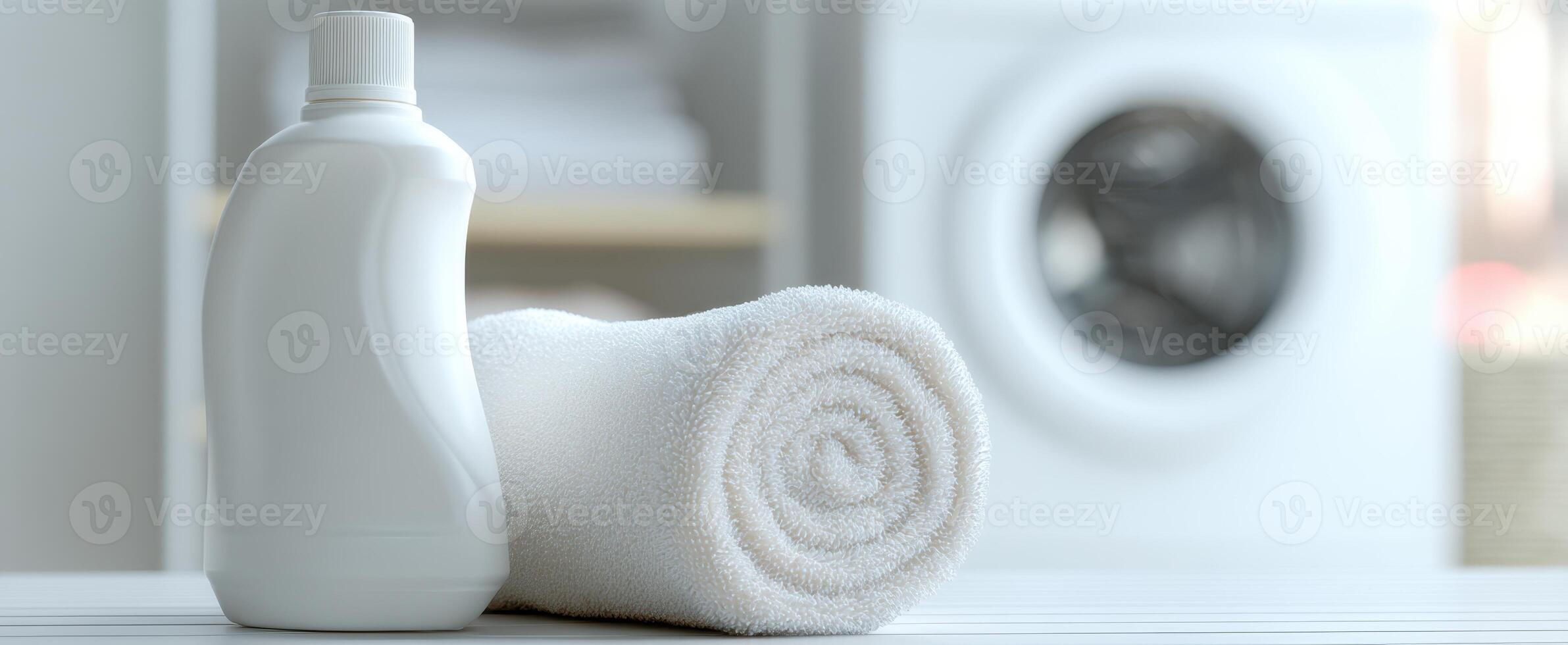 The white detergent bottle next to a neatly rolled towel on a clean surface. photo