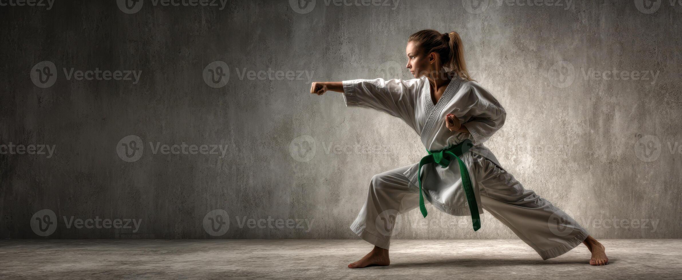 The strong woman demonstrating karate skills with green belt in dynamic pose. photo