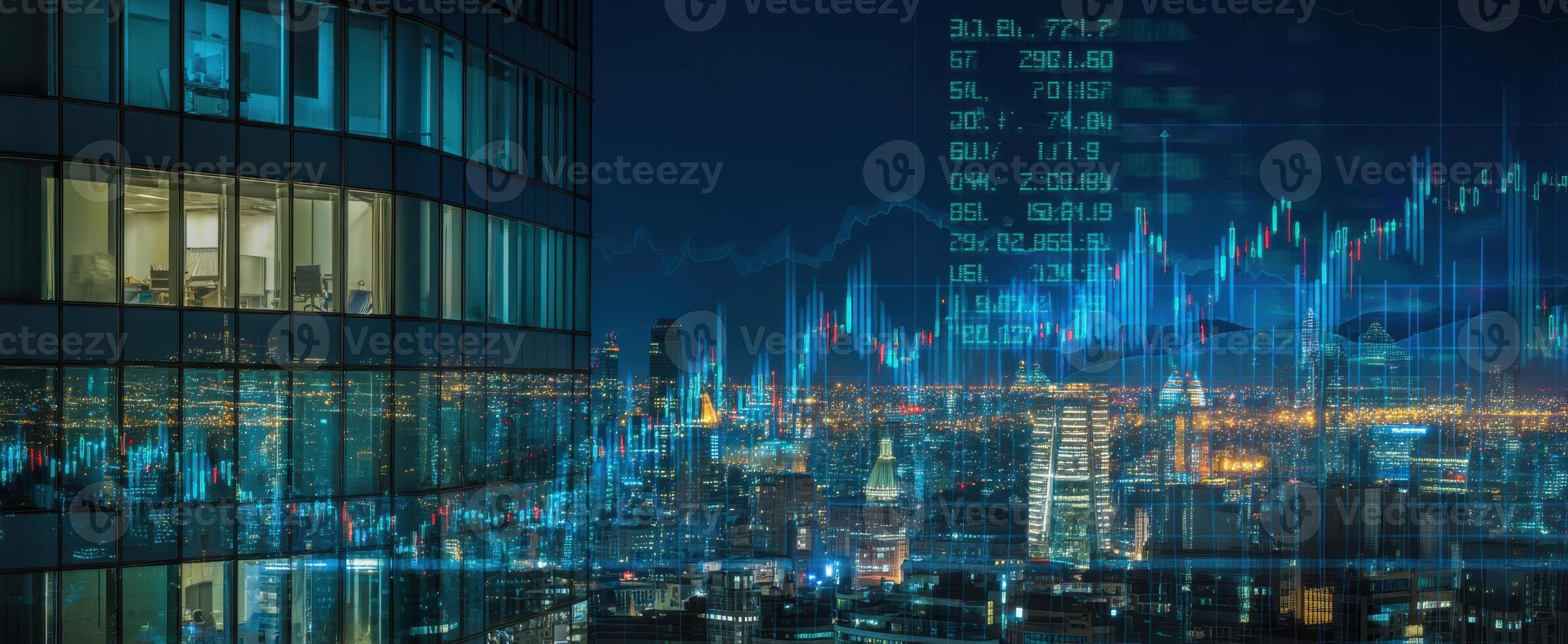 The modern city skyline illuminated with financial data and analytics. photo