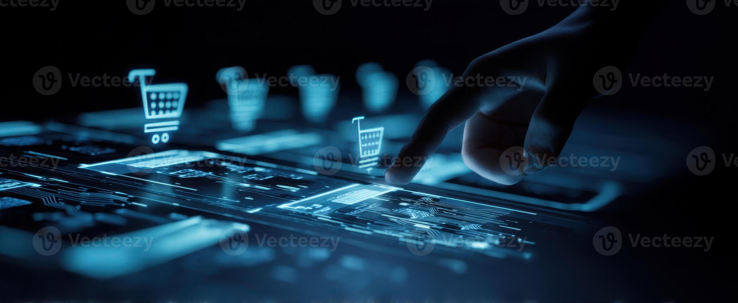 The futuristic touch interaction with digital shopping interface displayed on screen. photo