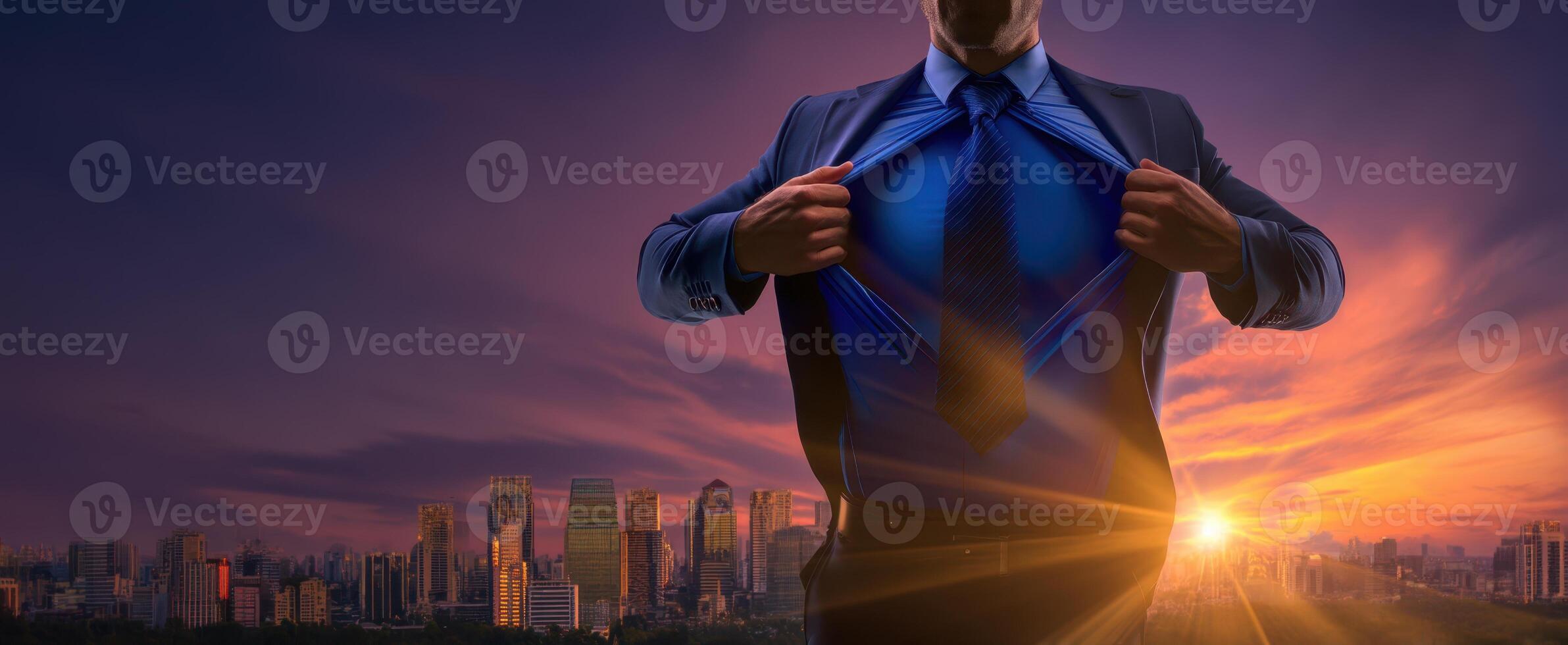 The Businessman Unleashing His Power Against a Stunning City Sunset photo
