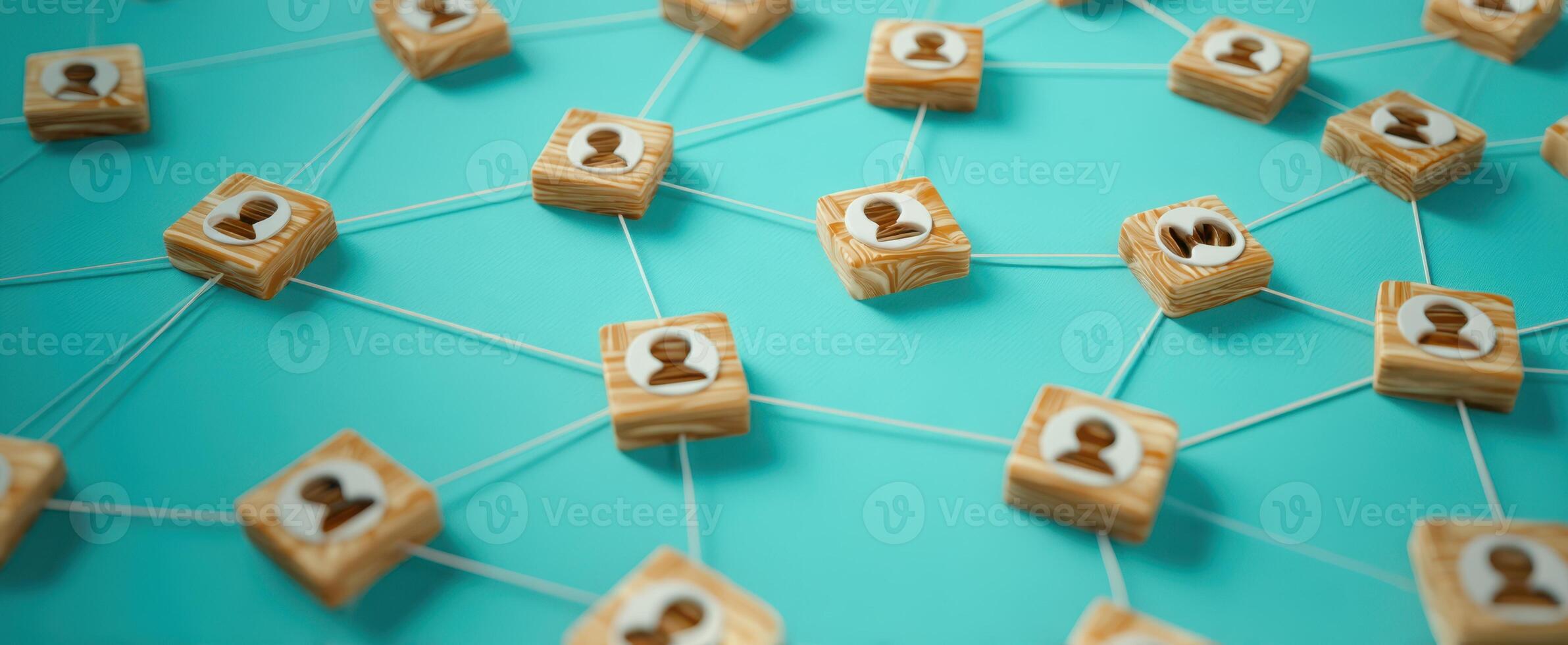 The network of connected user profiles on a vibrant turquoise background. photo