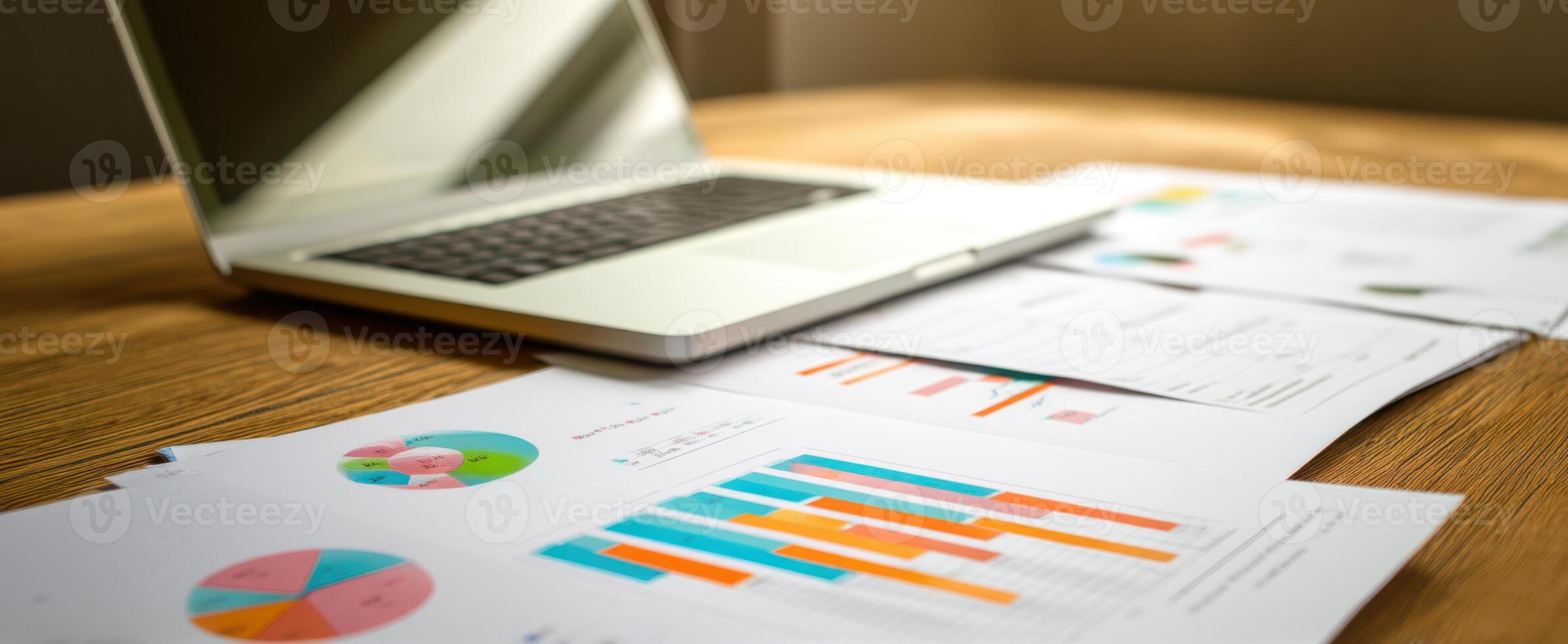 The laptop and documents showcasing analytical data and charts on a wooden table. photo