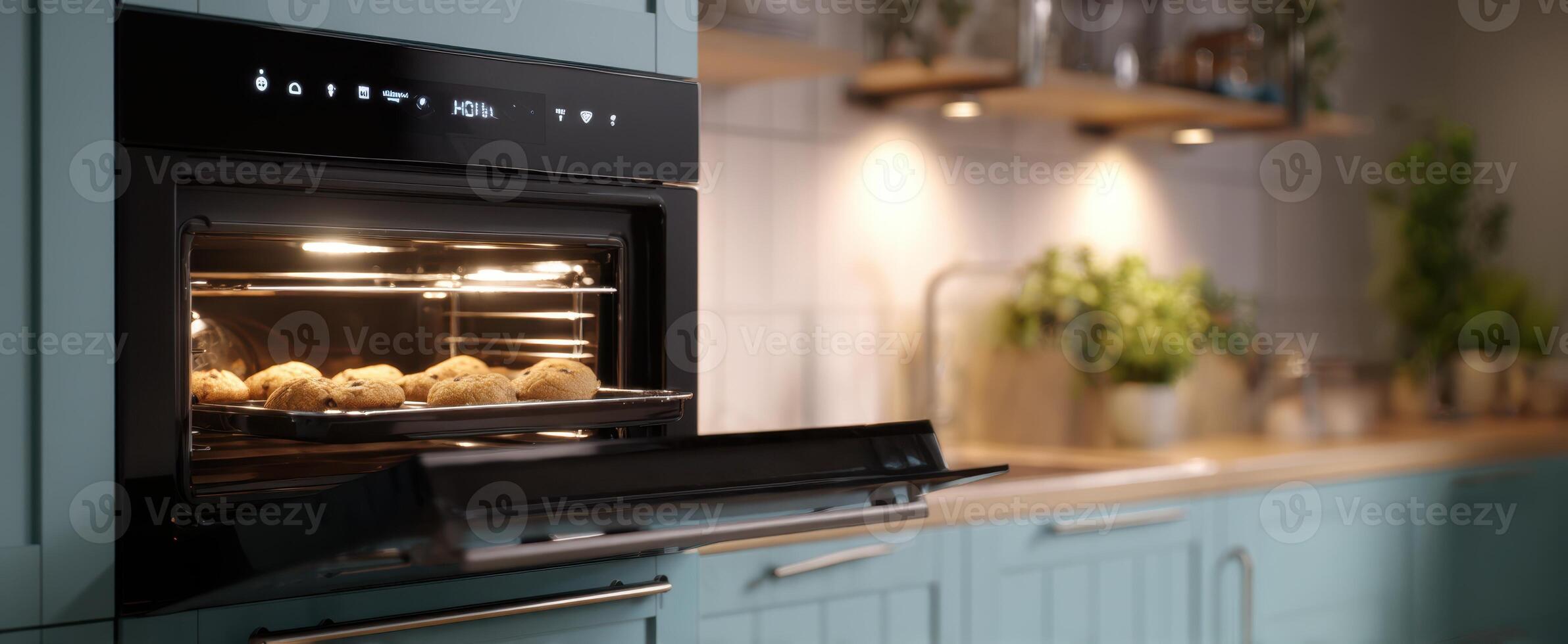 The modern kitchen oven showcasing fresh cookies baking to perfection. photo