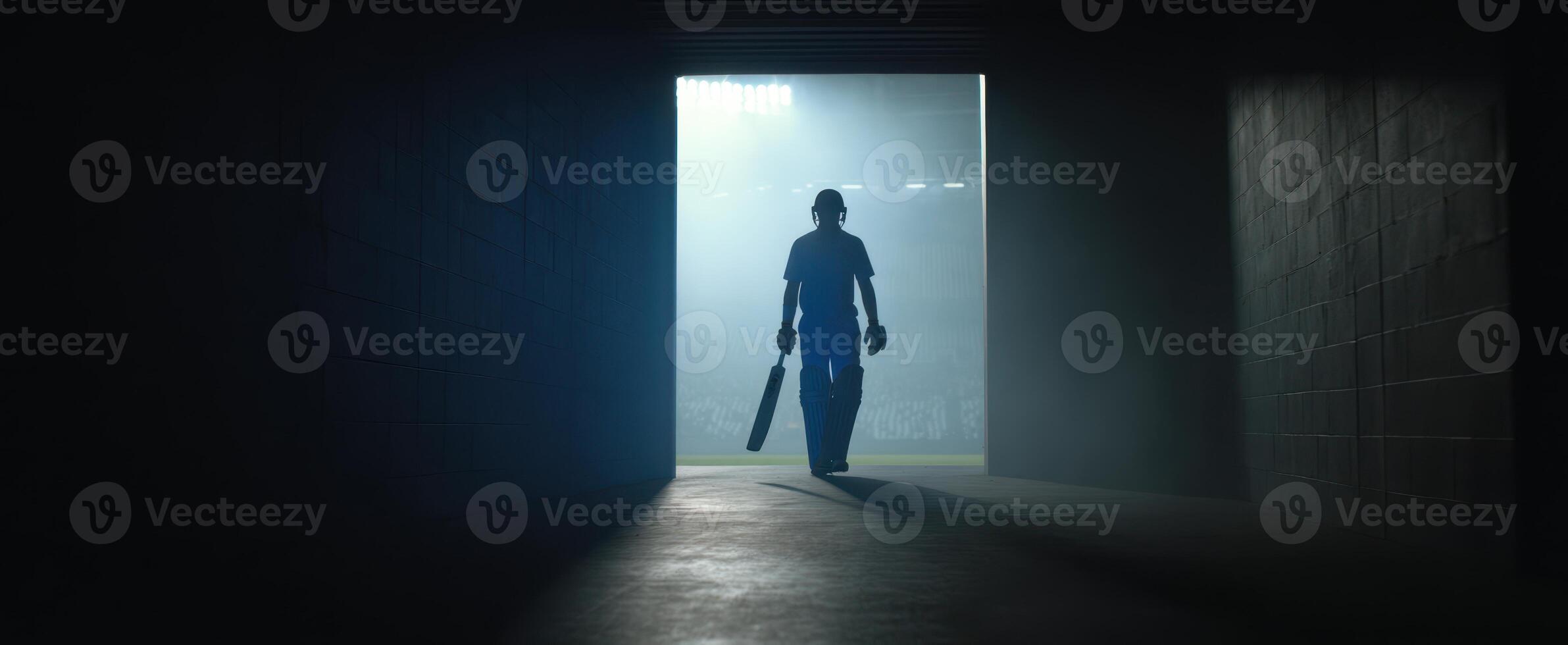 The cricket player emerges from the tunnel into the spotlight of the stadium. photo