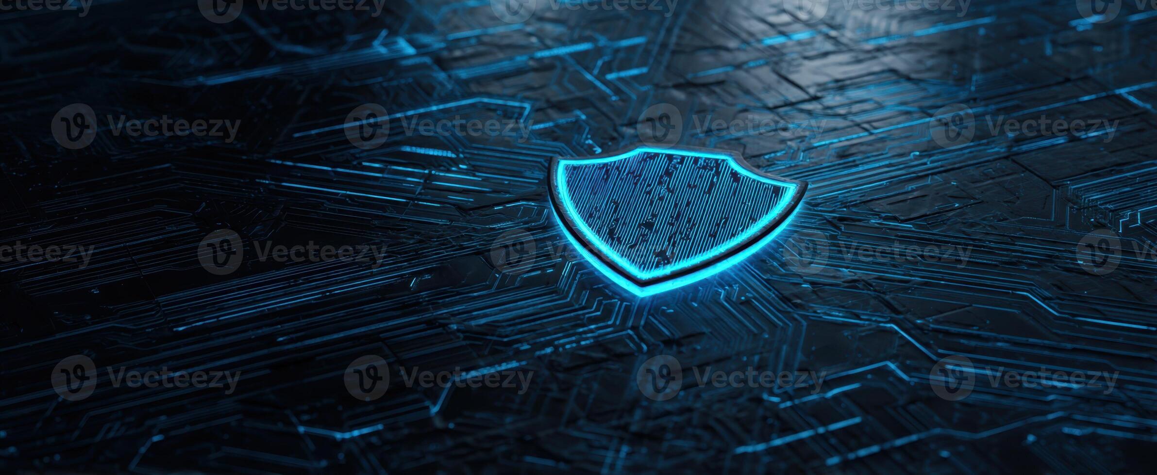 The Shield Symbolizing Digital Security and Protection on a Futuristic Background. photo
