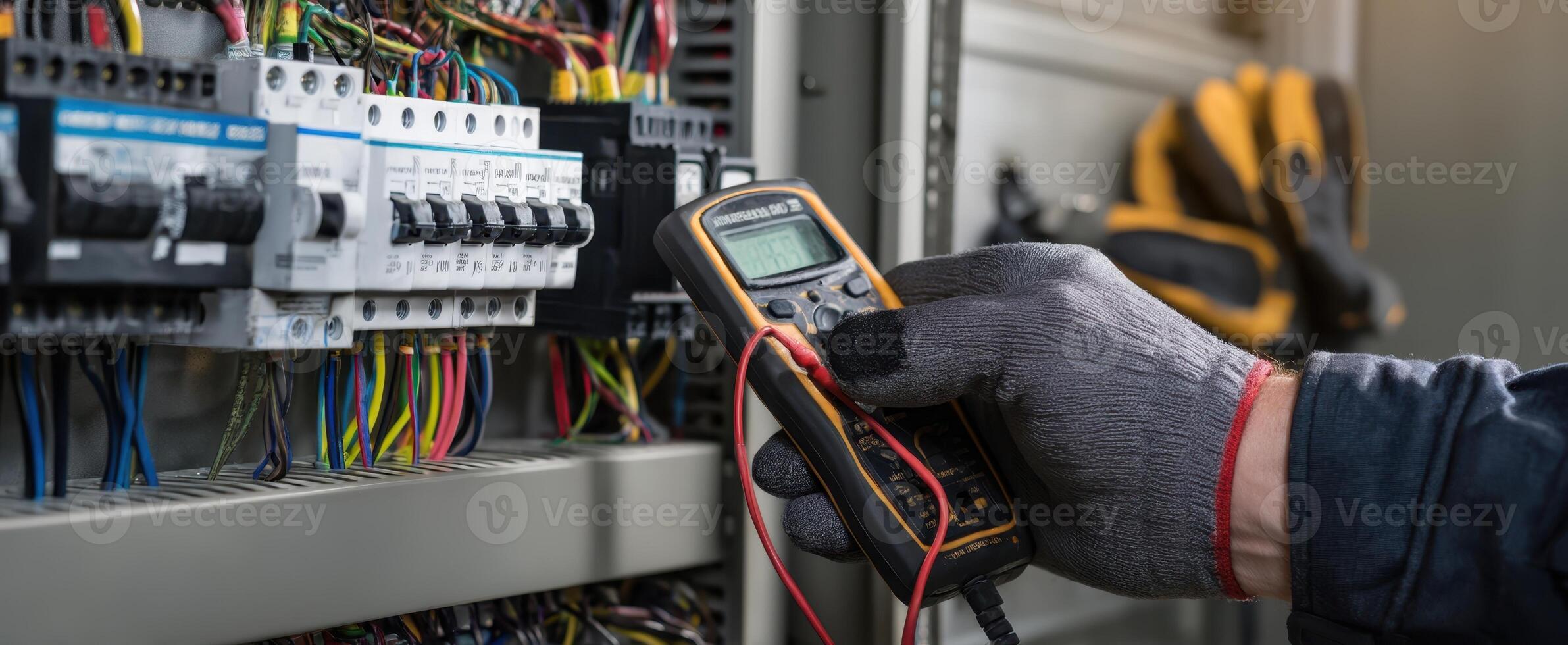 The electrician using a multimeter to test wiring in an electrical panel. photo