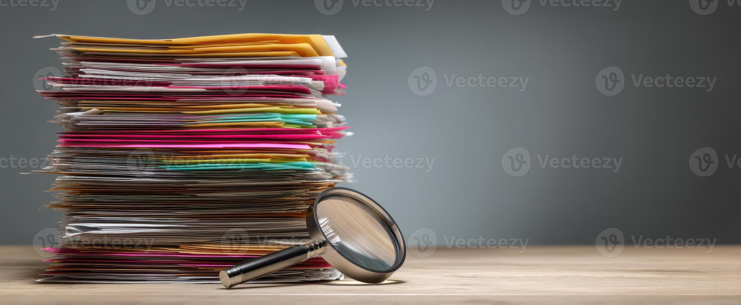 The magnifying glass resting beside a colorful stack of documents. photo