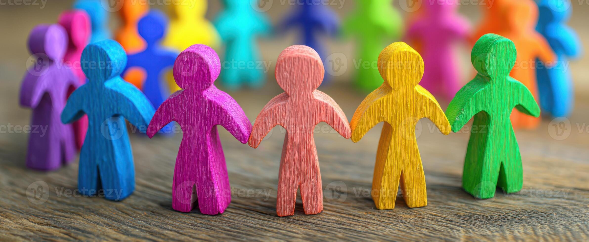 The colorful wooden figures symbolize unity and collaboration in a diverse community. photo
