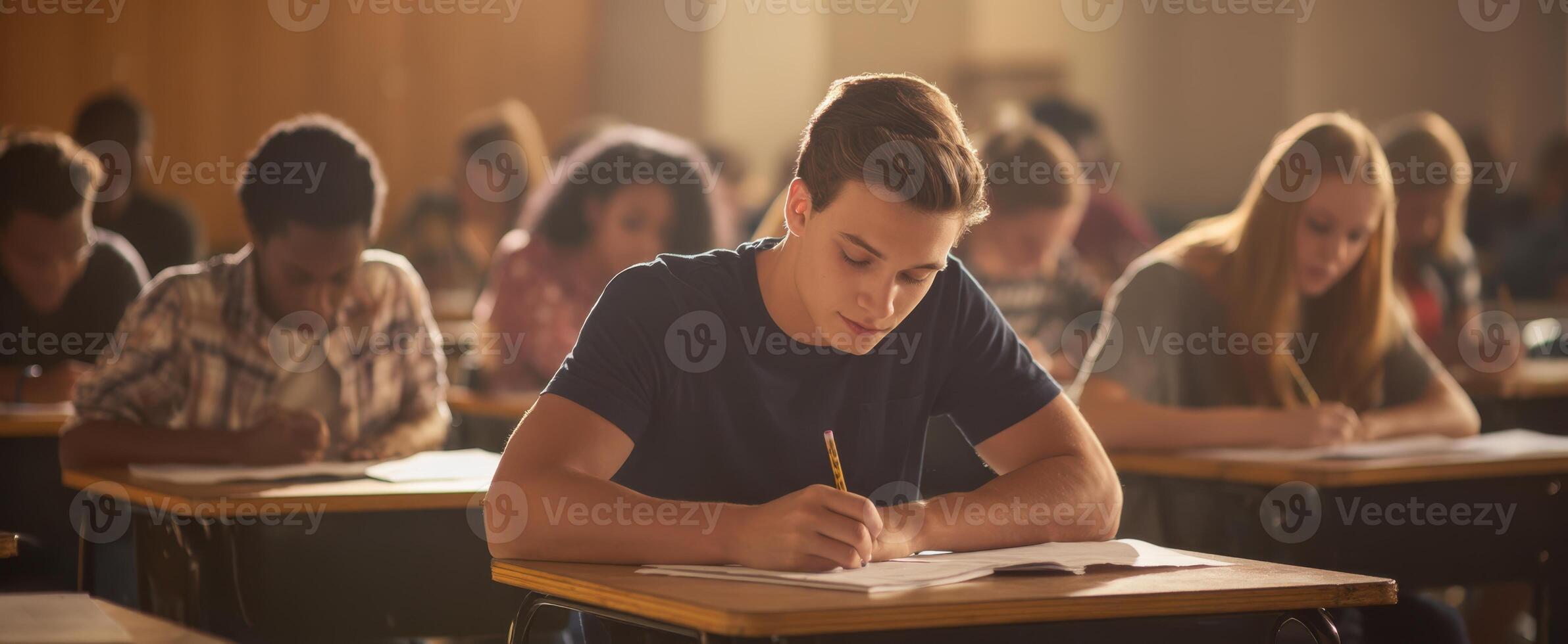 The focused student taking an exam in a busy classroom during a test session. photo
