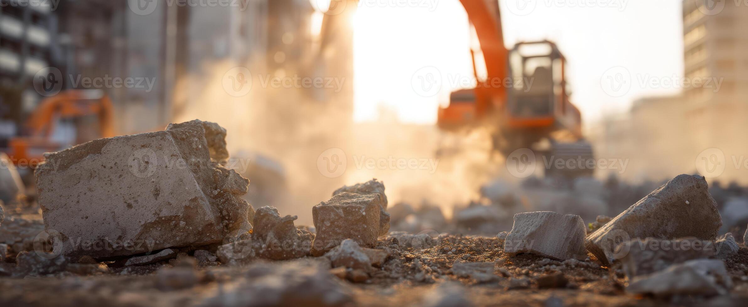 The excavator working on a construction site amidst dust and debris. photo