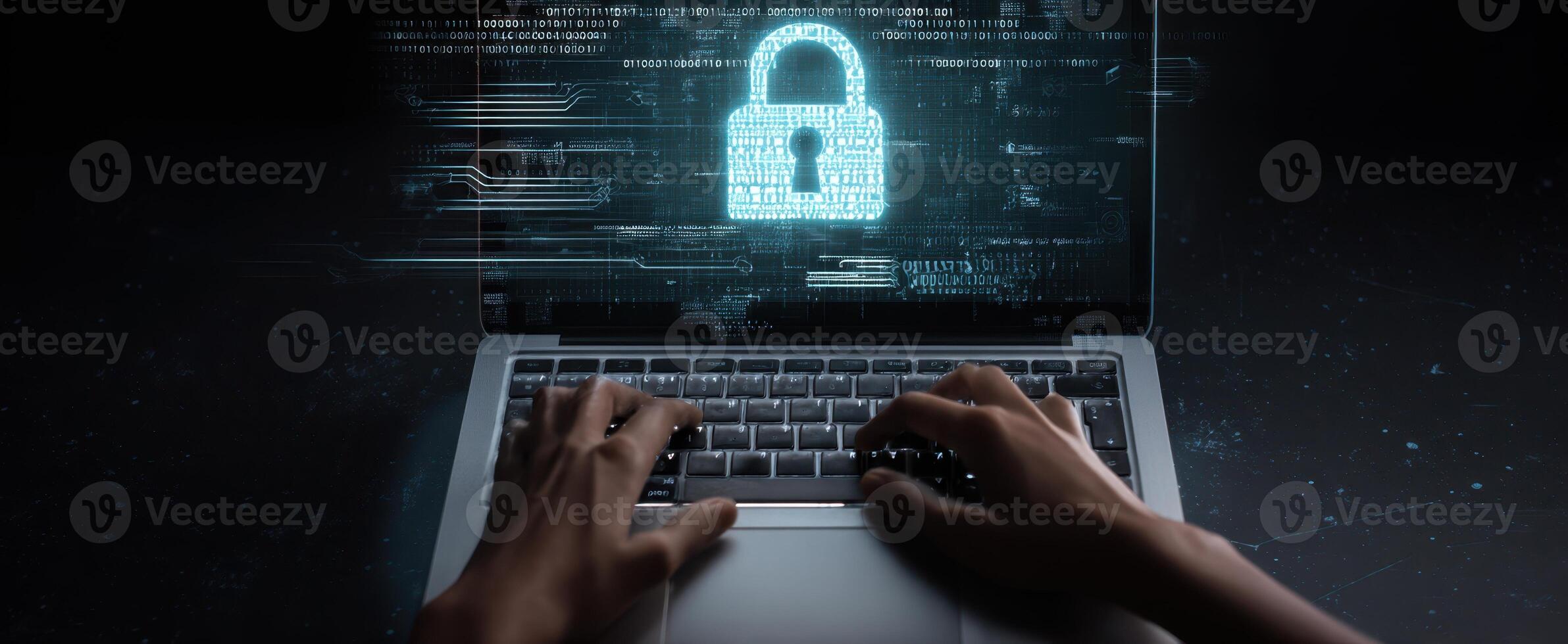 The laptop displaying a digital lock symbolizing online security and privacy. photo