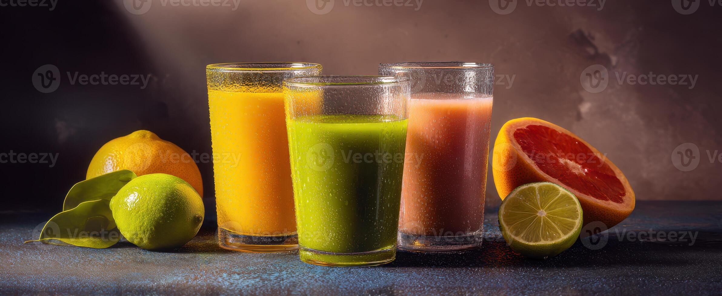 The vibrant assortment of fresh fruit juices and smoothies on a rustic table. photo
