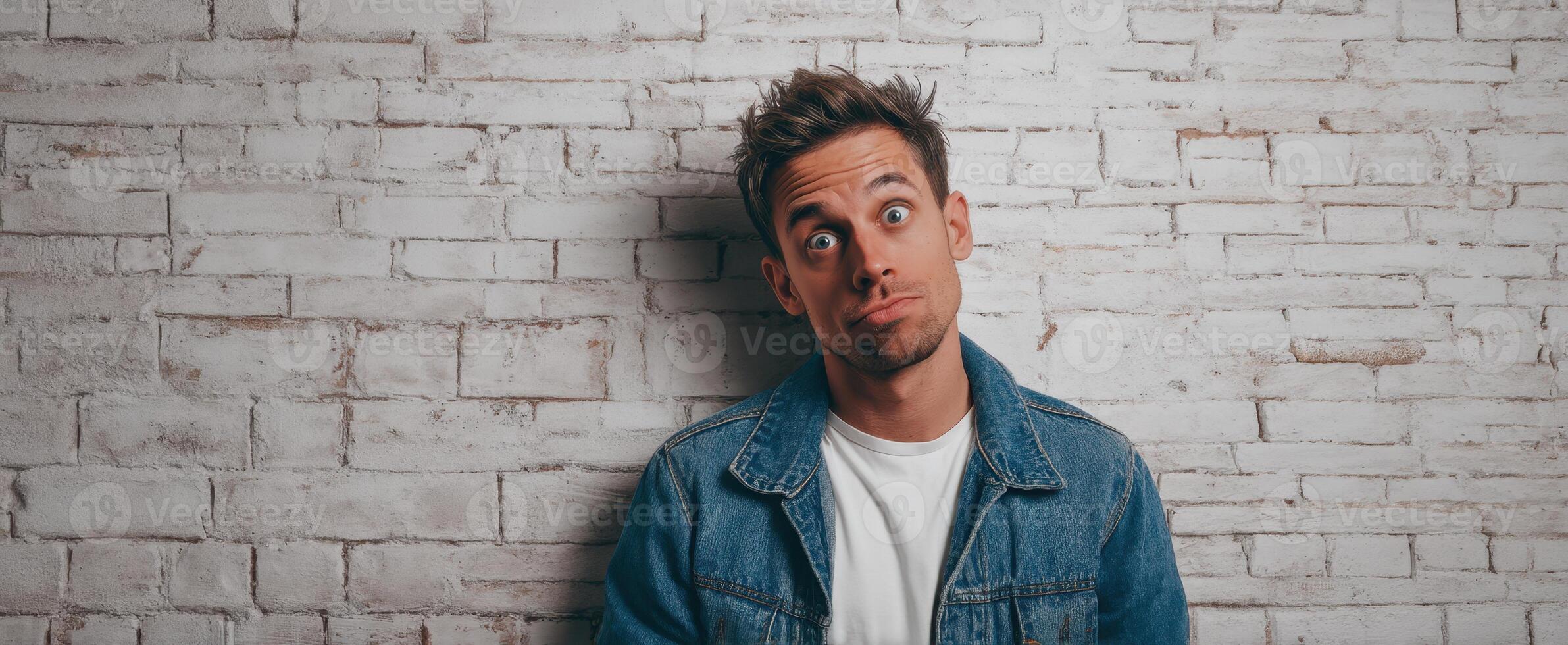 The young man in casual denim outfit displaying a playful expression. photo