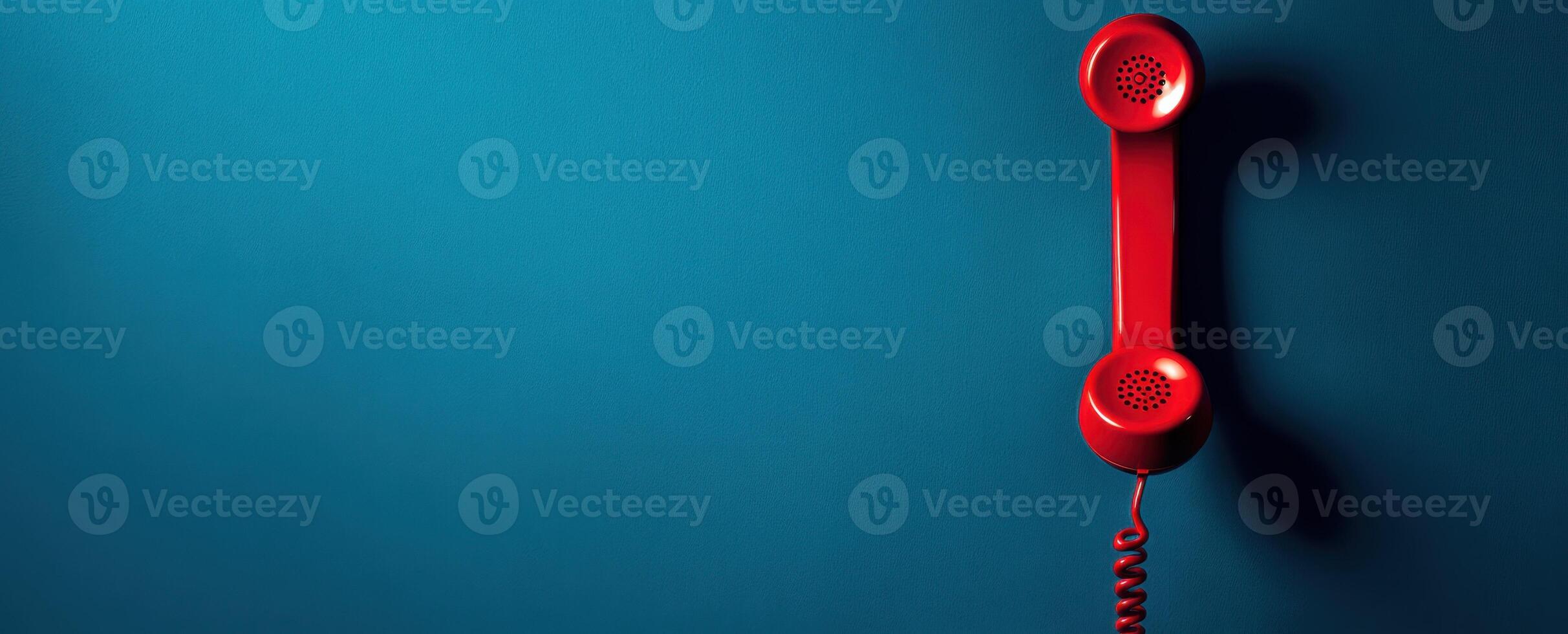 The vibrant red telephone hanging against a blue background. photo