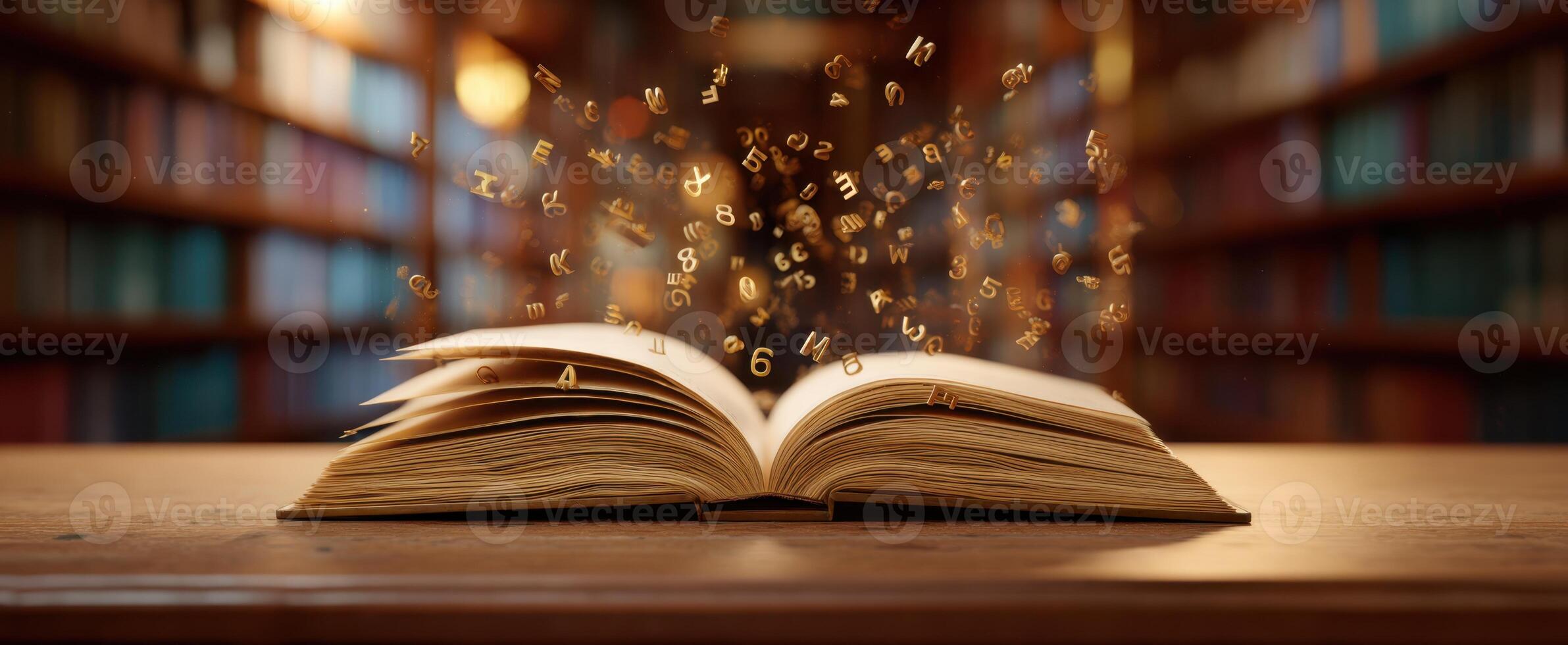 The enchanting magic of an open book revealing floating letters in a library. photo