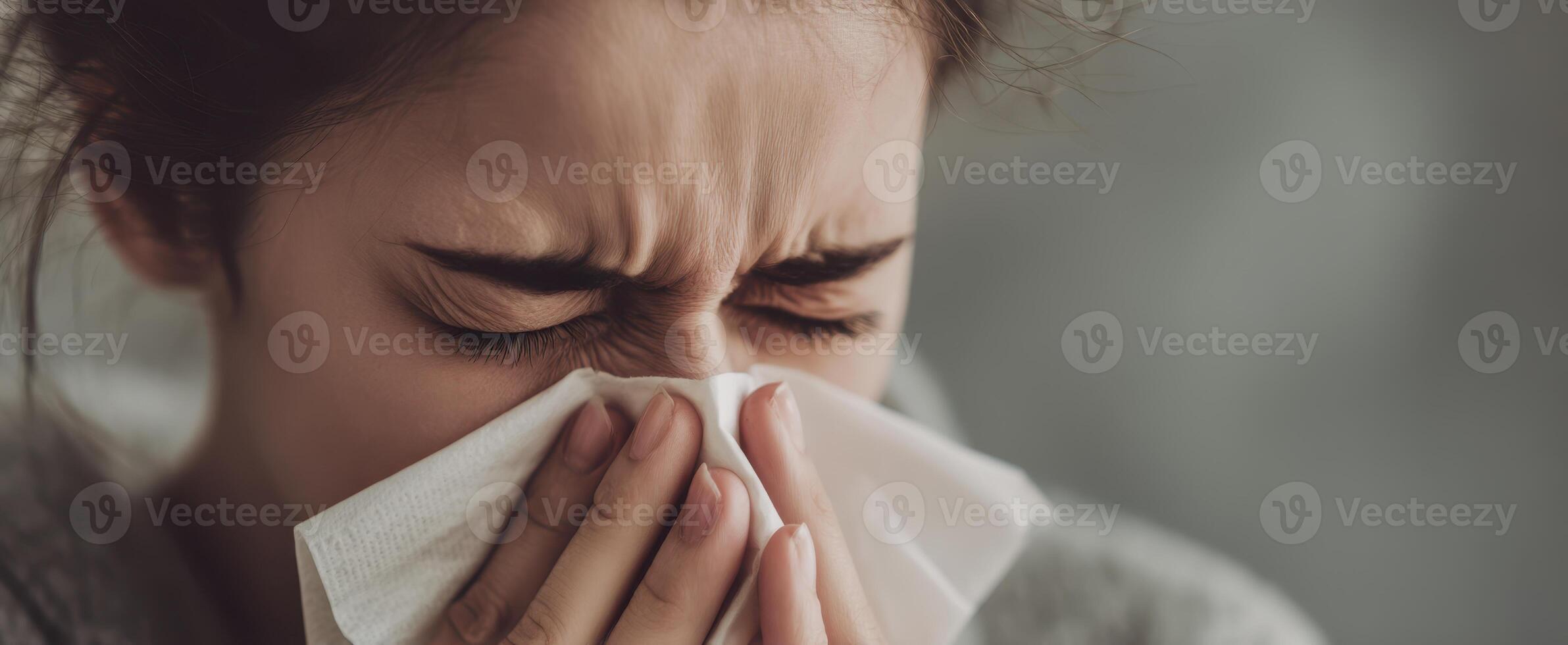 The woman expressing sadness while blowing her nose into a tissue photo