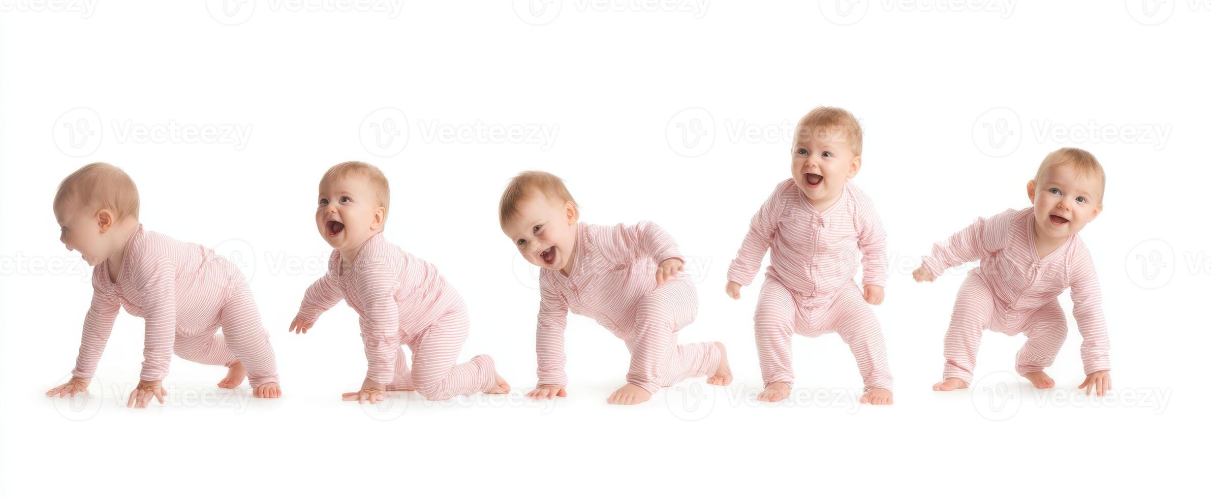 The baby in various stages of crawling and joyful expression. photo