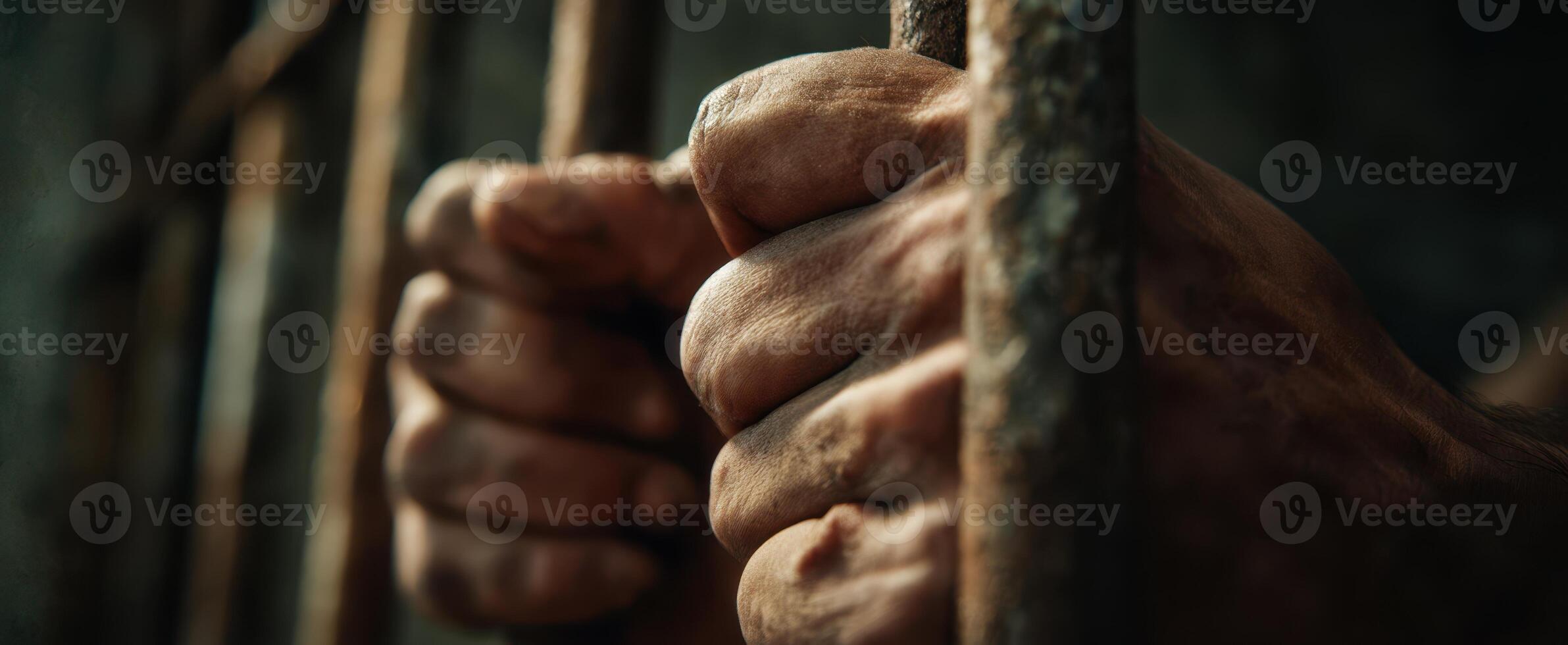 The Hands Gripping Prison Bars in a Moment of Despair and Hope. photo