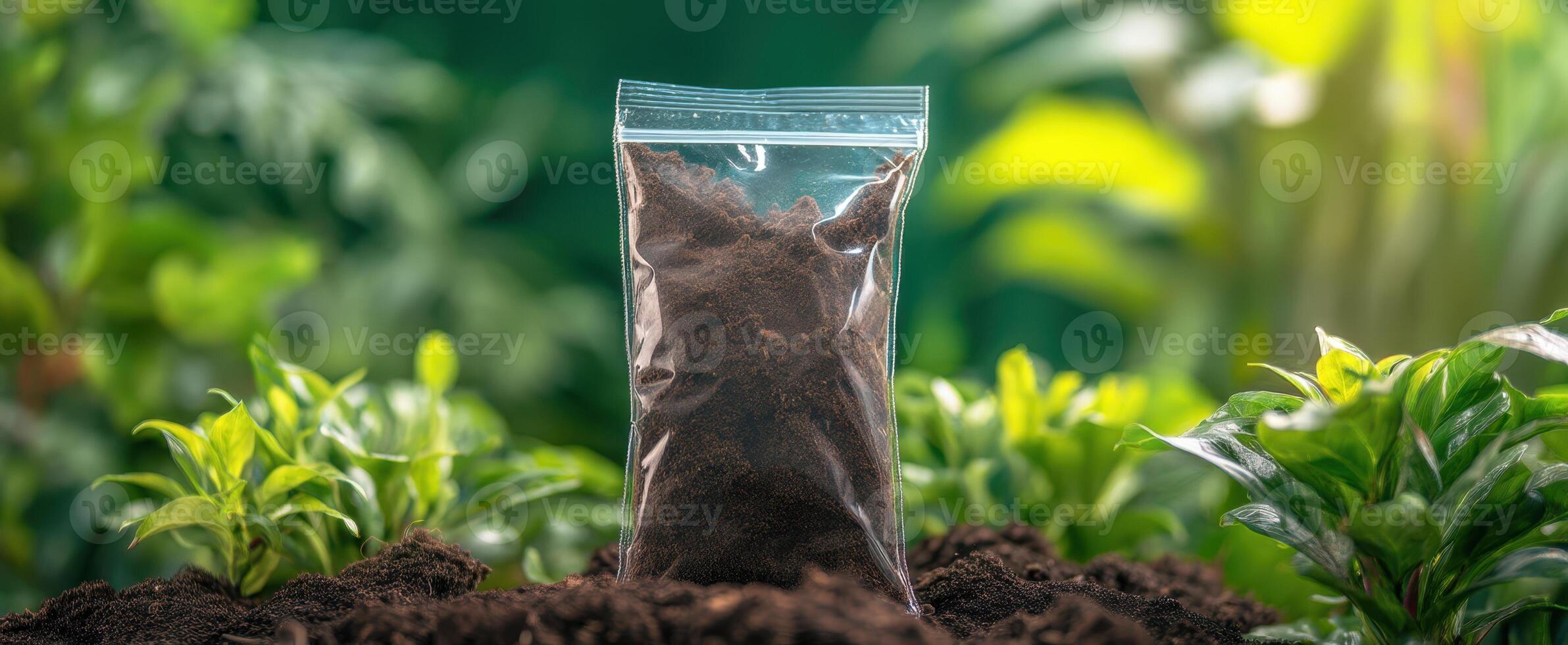 The clear bag of soil surrounded by blooming green plants in a vibrant garden. photo