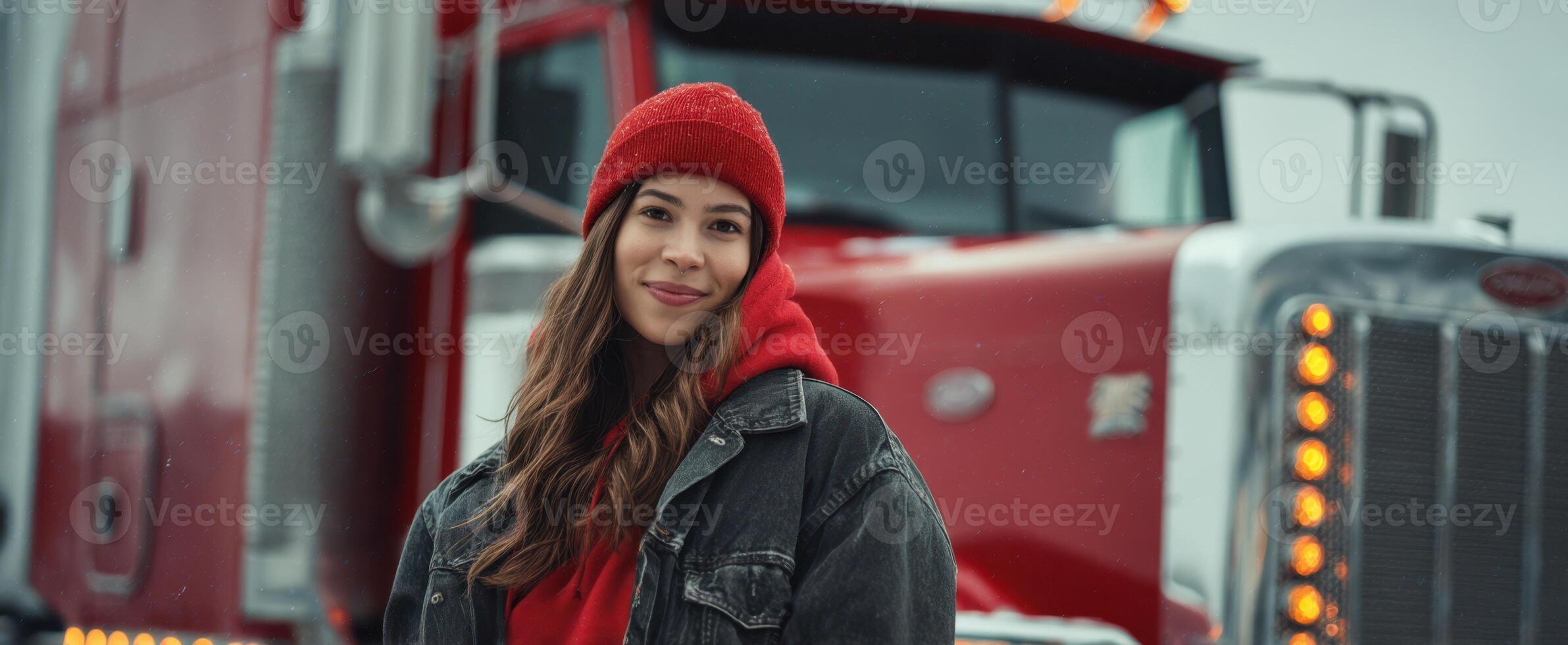 The woman standing confidently next to a vibrant red truck in an urban setting. photo