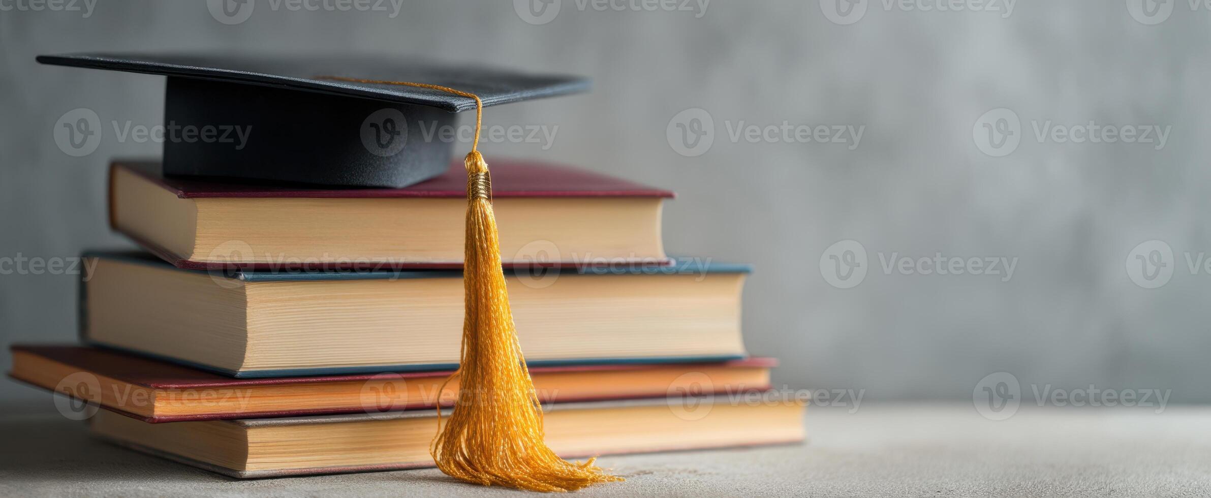 The graduation cap resting atop a stack of books symbolizing education and achievement. photo