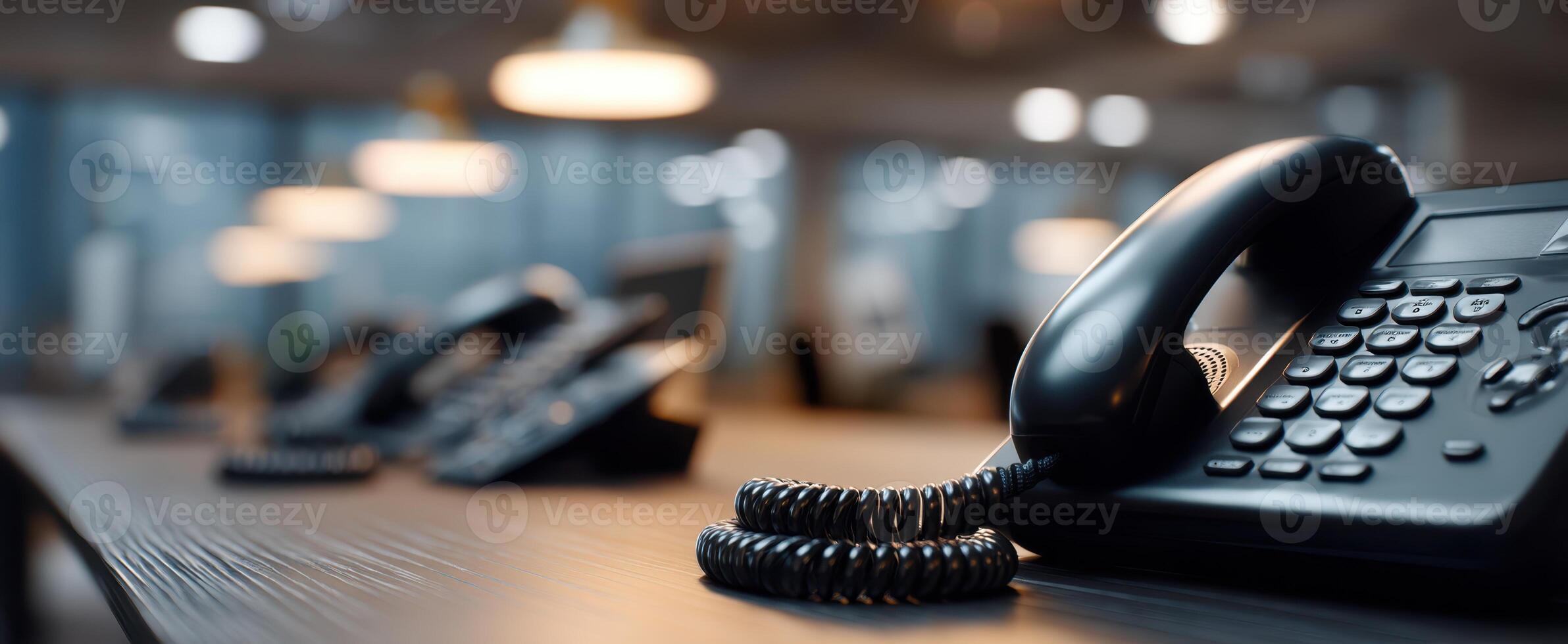 The vintage telephone on a modern office desk in a busy workspace. photo