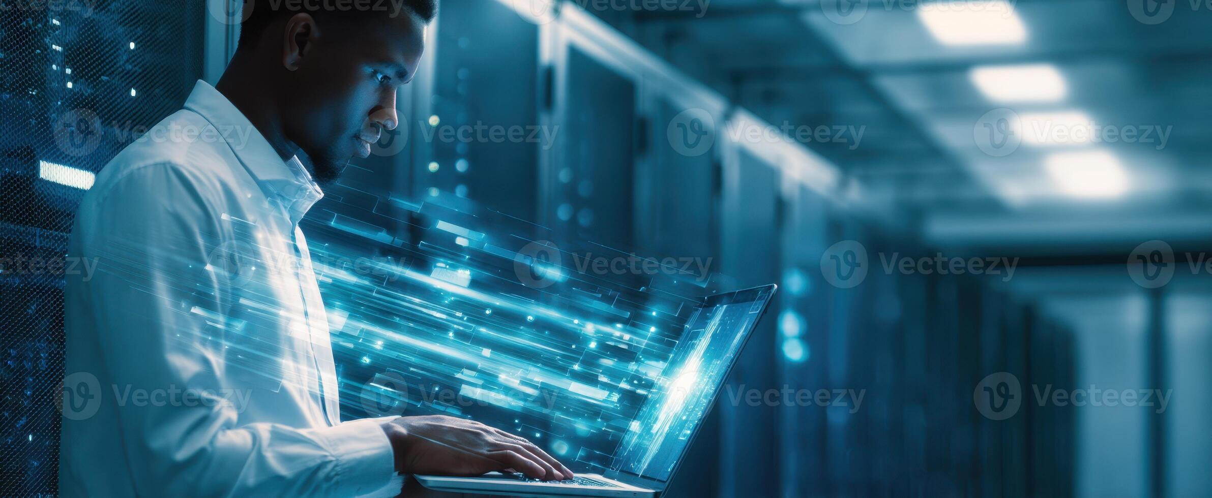 The professional analyzing data in a high-tech server room environment. photo