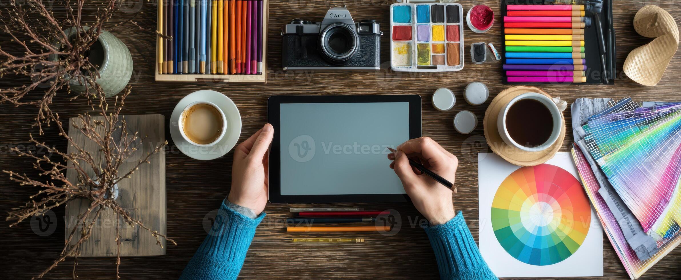 The creative workspace showcasing an artist's tools and digital drawing tablet. photo