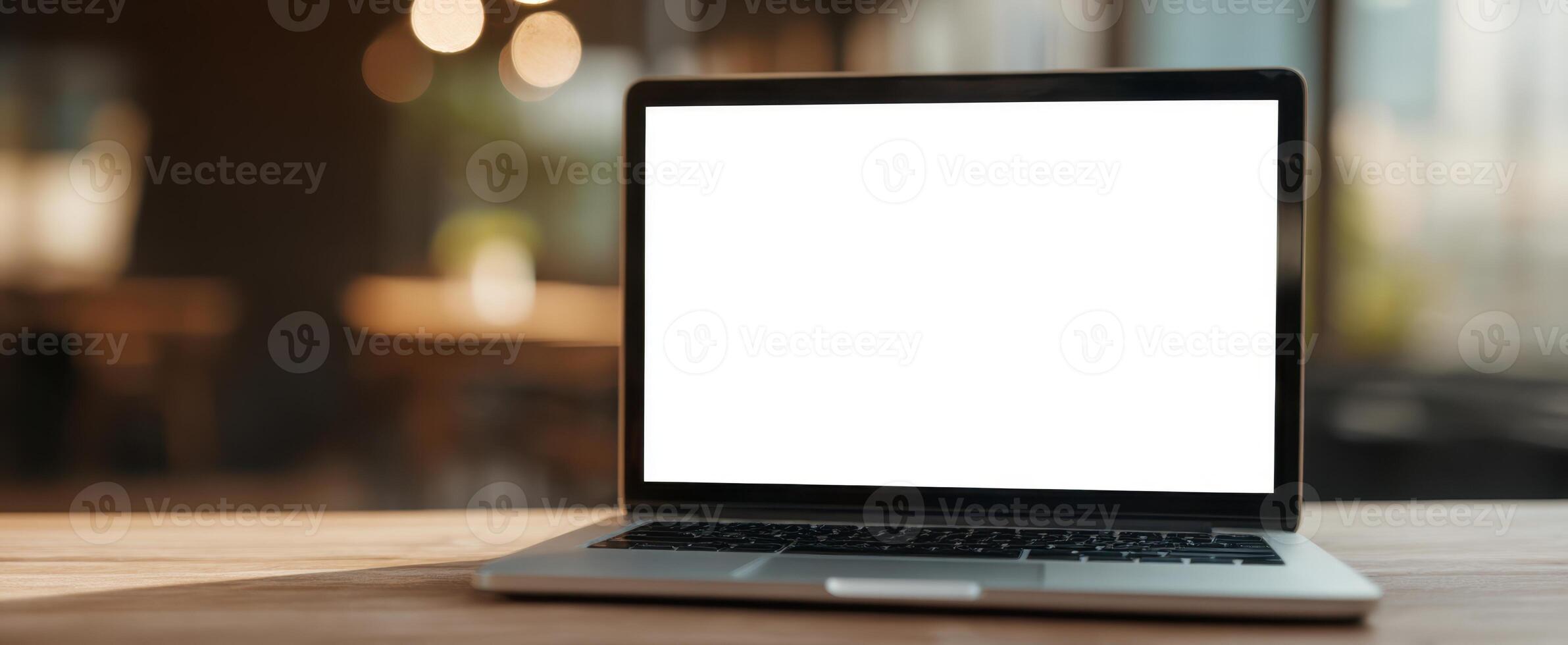 The sleek laptop on a wooden desk with a blank screen for customization. photo