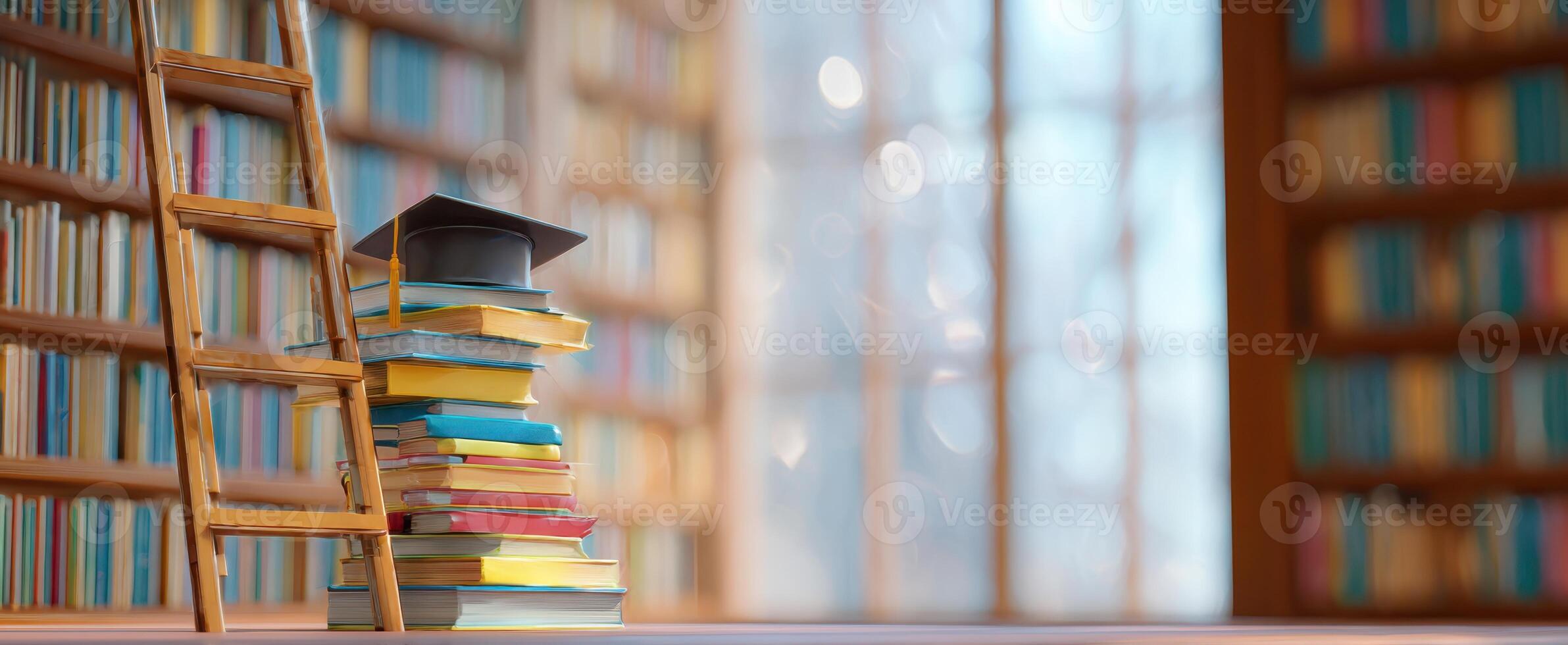 The stacked books with graduation cap in a serene library environment. photo