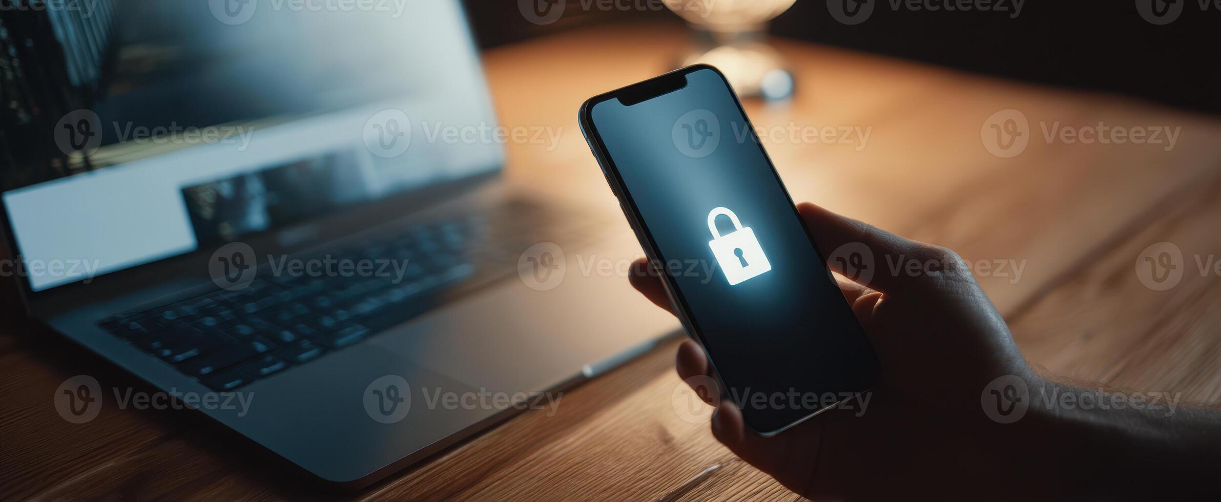 The smartphone displaying a lock symbol in a modern workspace setting. photo