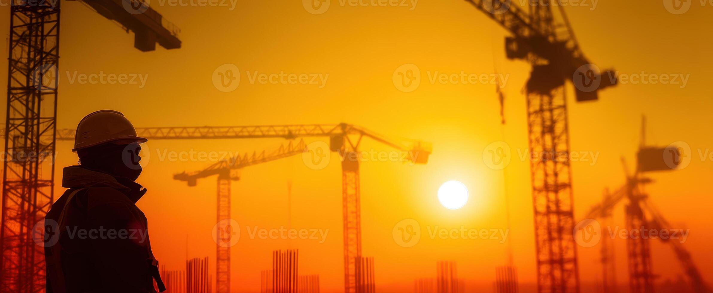 A man standing in front of construction cranes at sunset photo