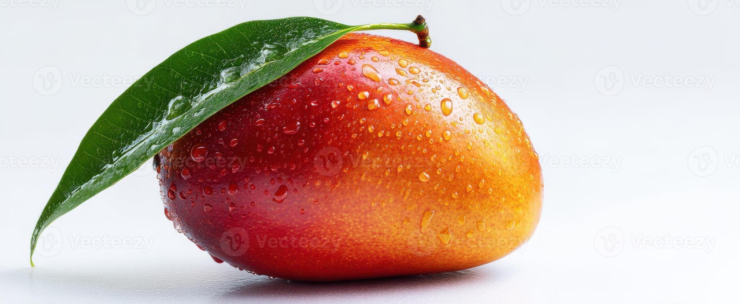The vibrant mango with dew drops resting on a green leaf. photo