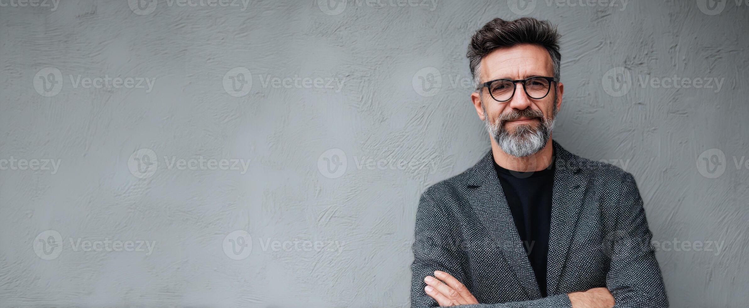 The confident man with a beard and glasses posing against a gray background. photo