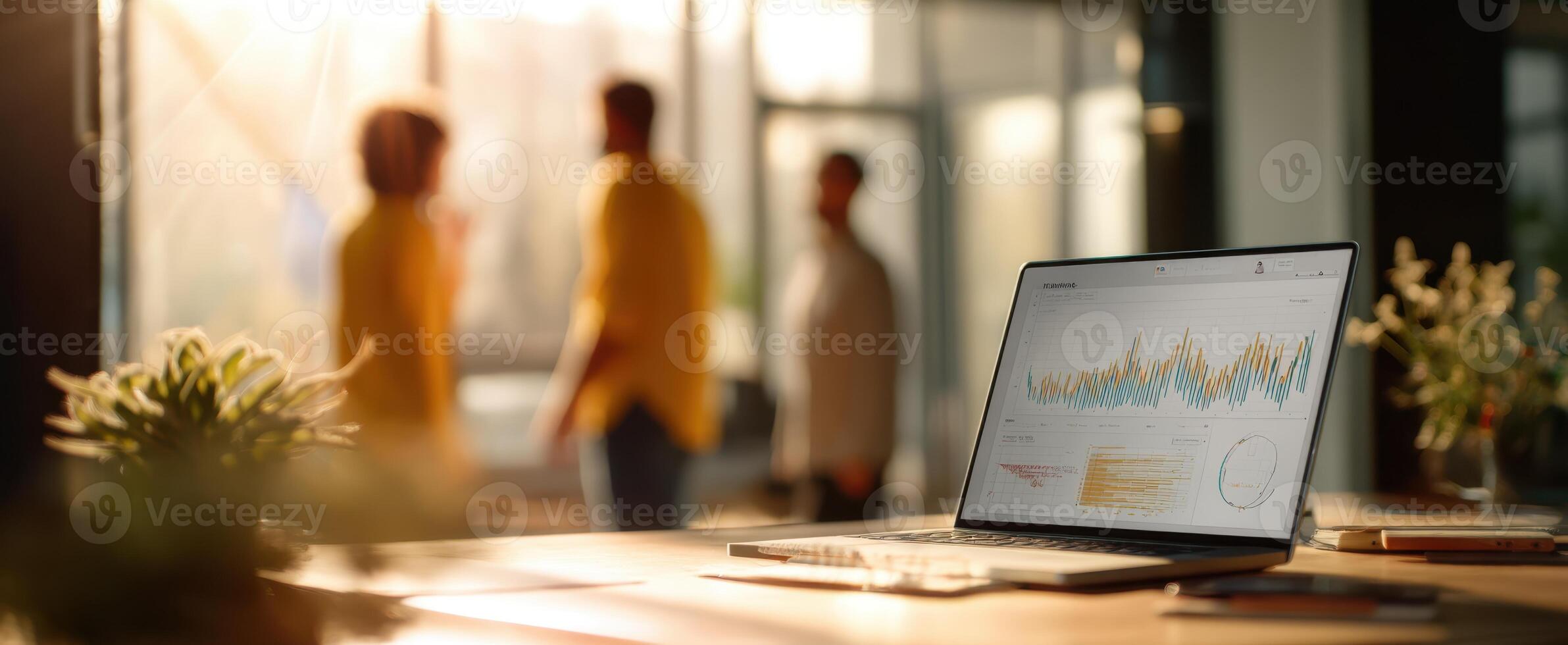 The laptop displaying data analytics in a modern office environment. photo