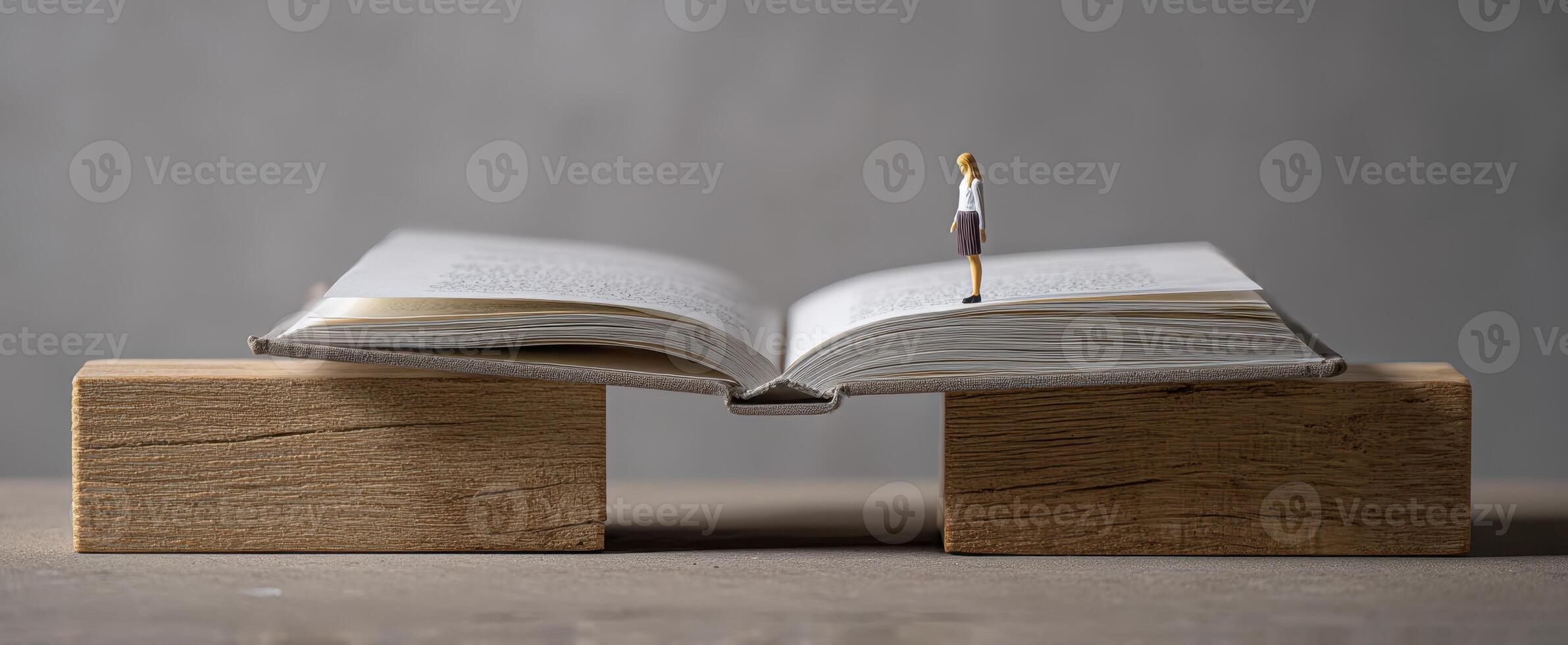 The open book with a miniature figure representing exploration and imagination. photo