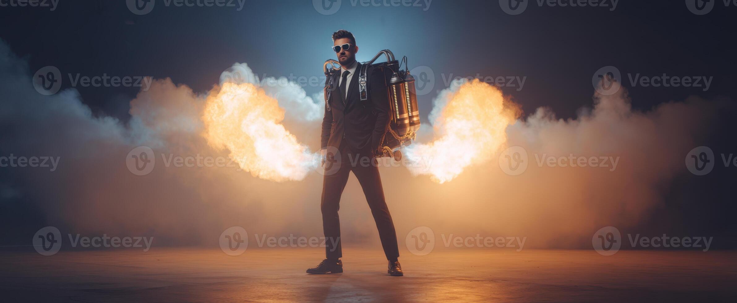 The man with a jetpack dramatically igniting flames in a stylish pose. photo