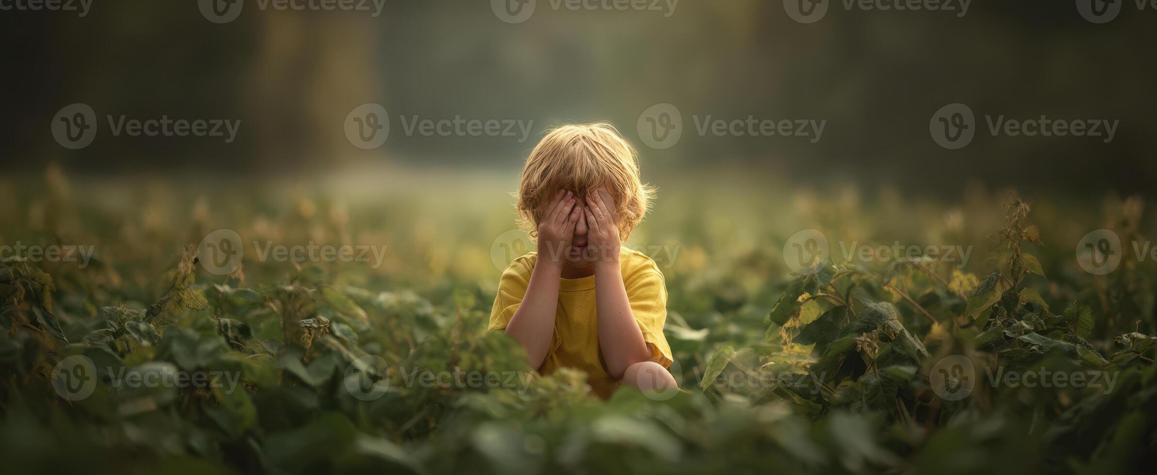 The child expressing emotions in a tranquil field setting during sunset. photo
