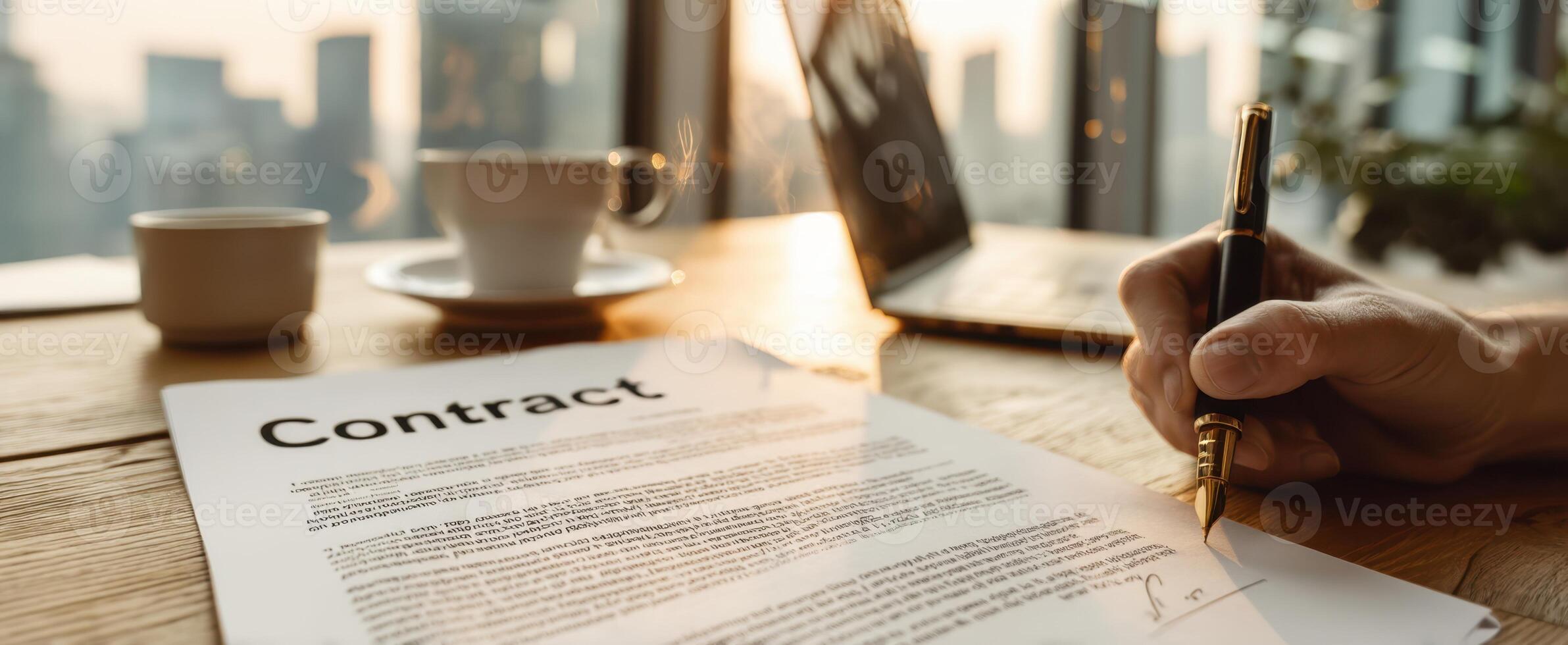 The contract being signed in a modern workspace with a sunny urban background. photo