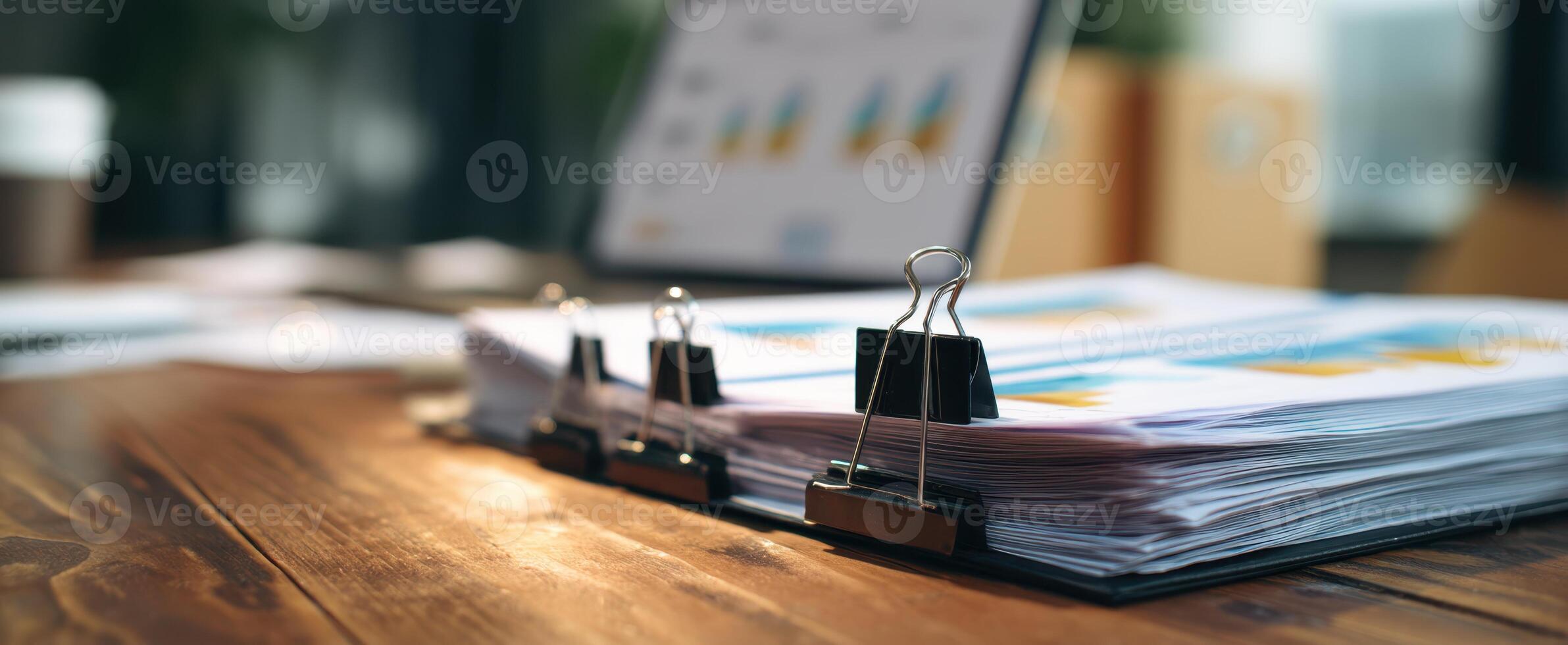 The organized workspace featuring documents and a laptop with analytics. photo