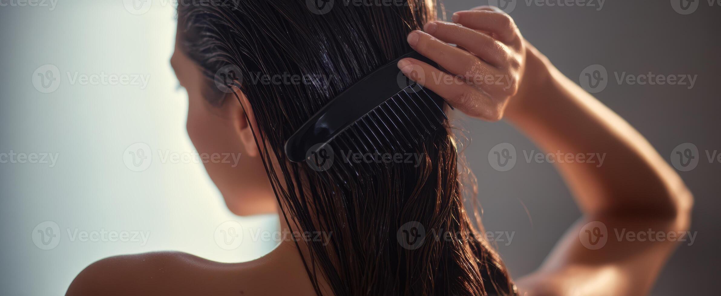 The woman combing her long, wet hair in a serene, softly lit environment. photo