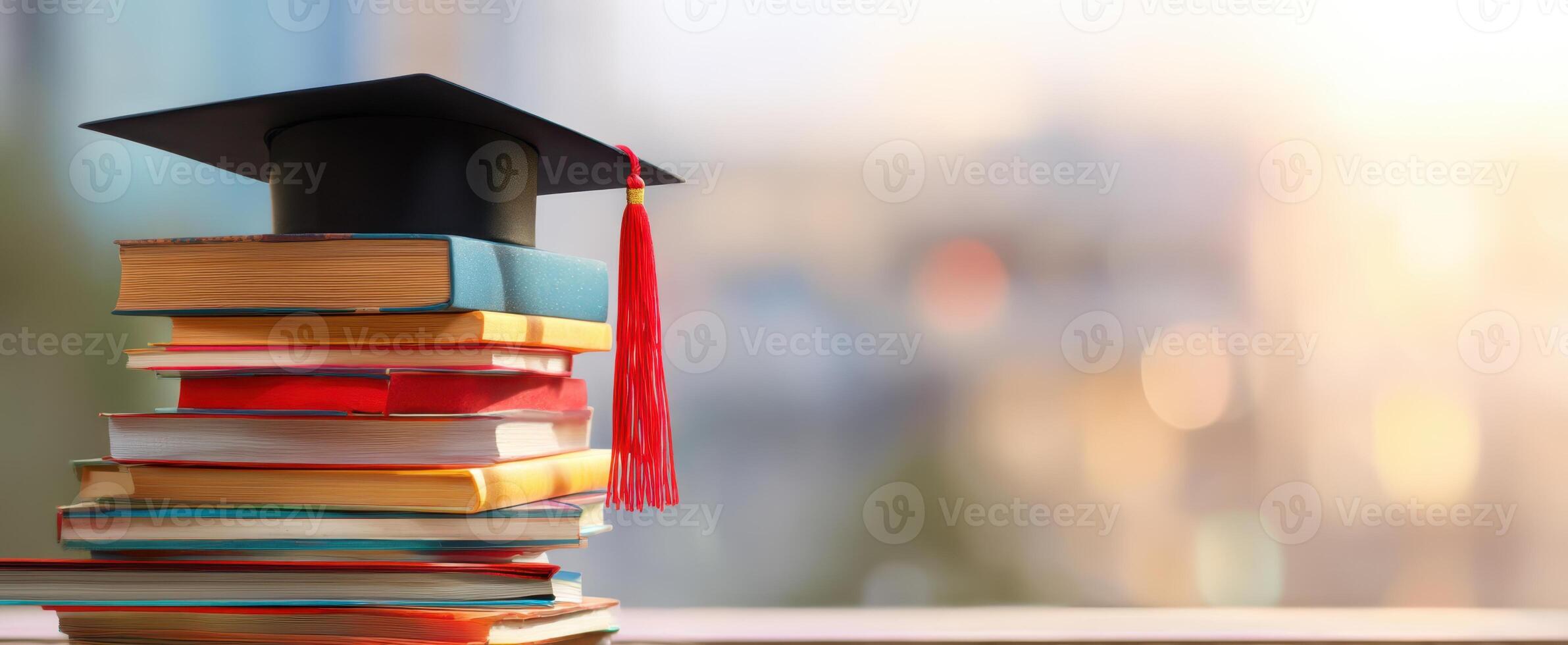 The graduation cap atop a stack of colorful books symbolizes academic achievement. photo